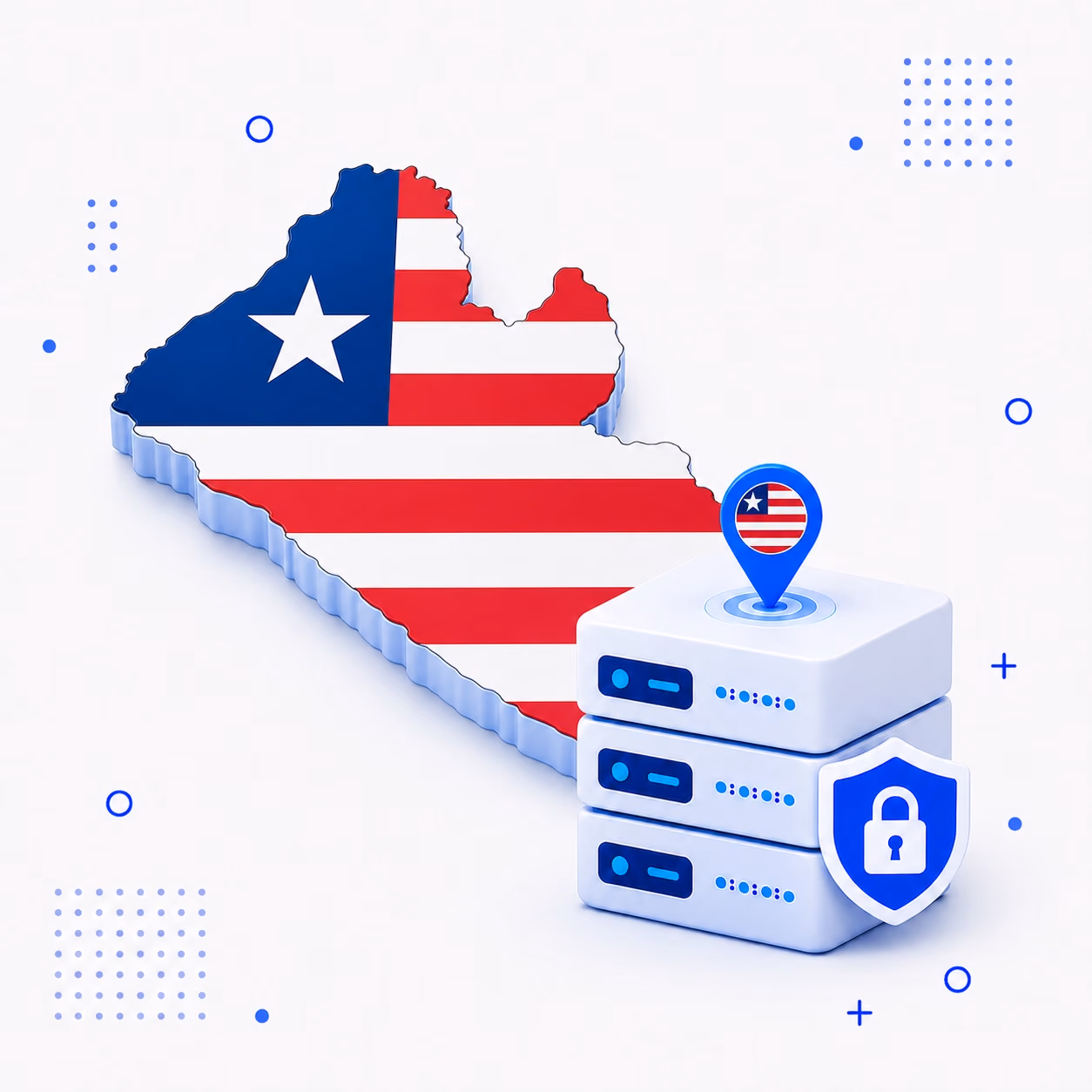 VPN for Liberia 3D map of Liberia in national flag colors beside protected VPN servers