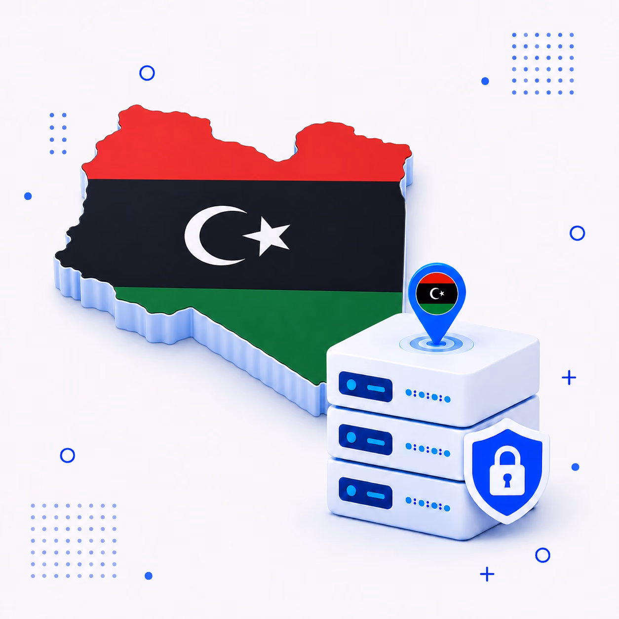 VPN for Libya 3D map of Libya in national flag colors with encrypted VPN hardware and a shield