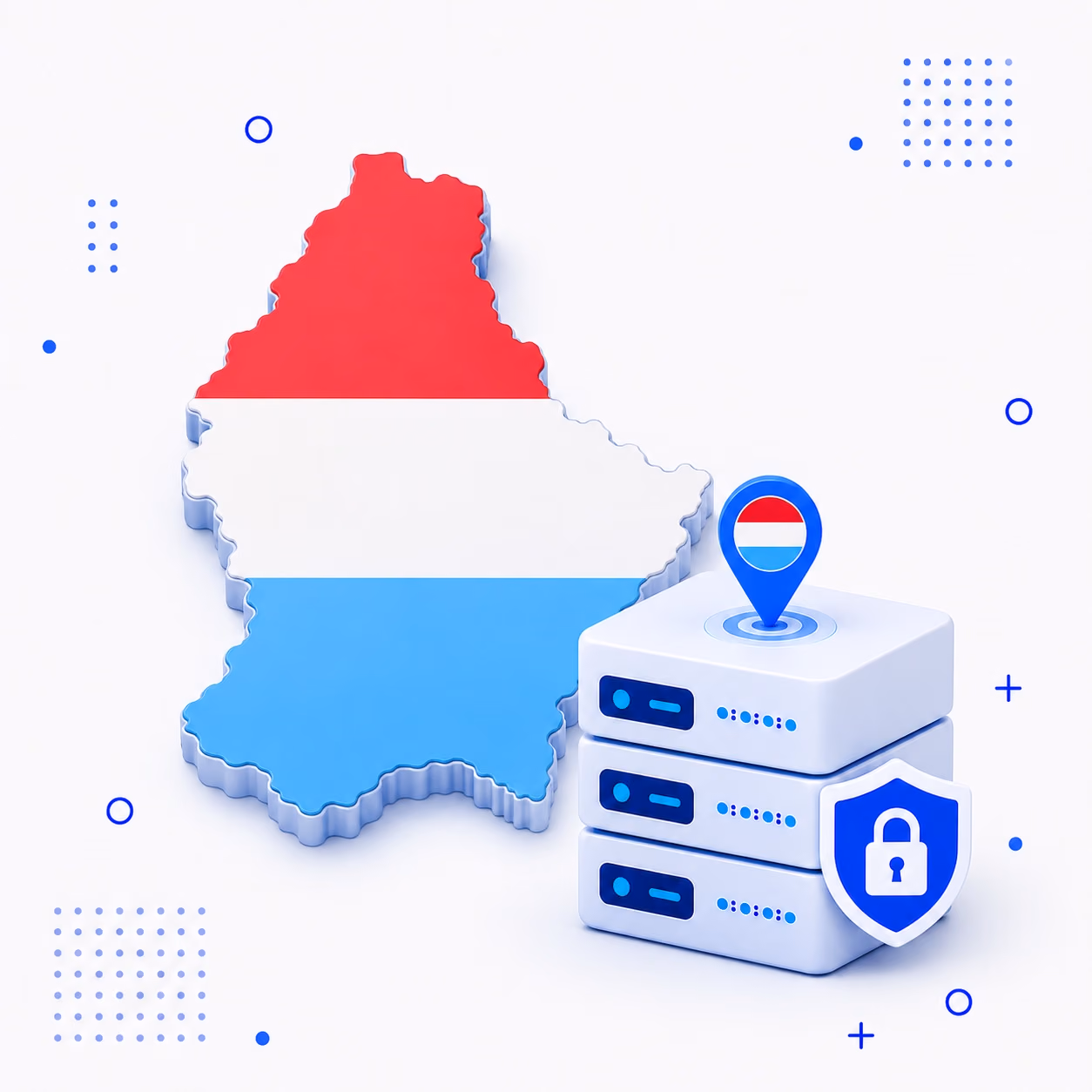 3D map of Luxembourg in national flag colors with secure VPN servers