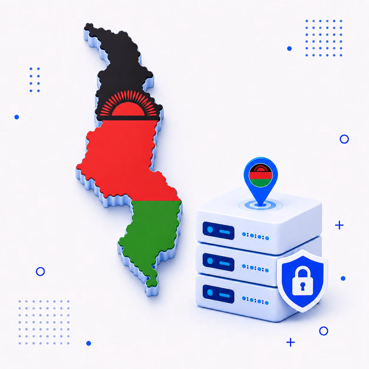 3D map of Malawi in national flag colors with encrypted VPN servers and a shield