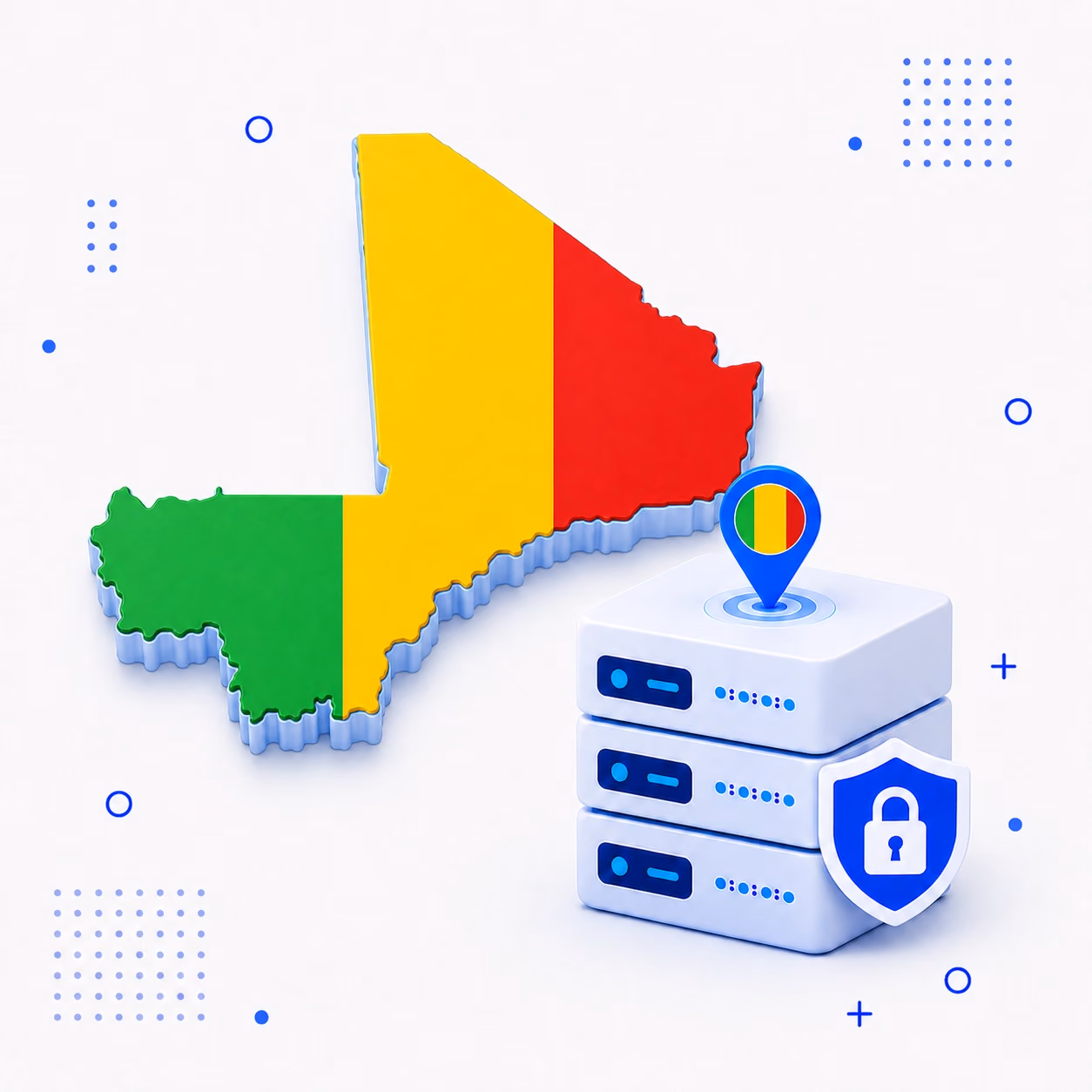 3D map of Mali in national flag colors with protected VPN servers