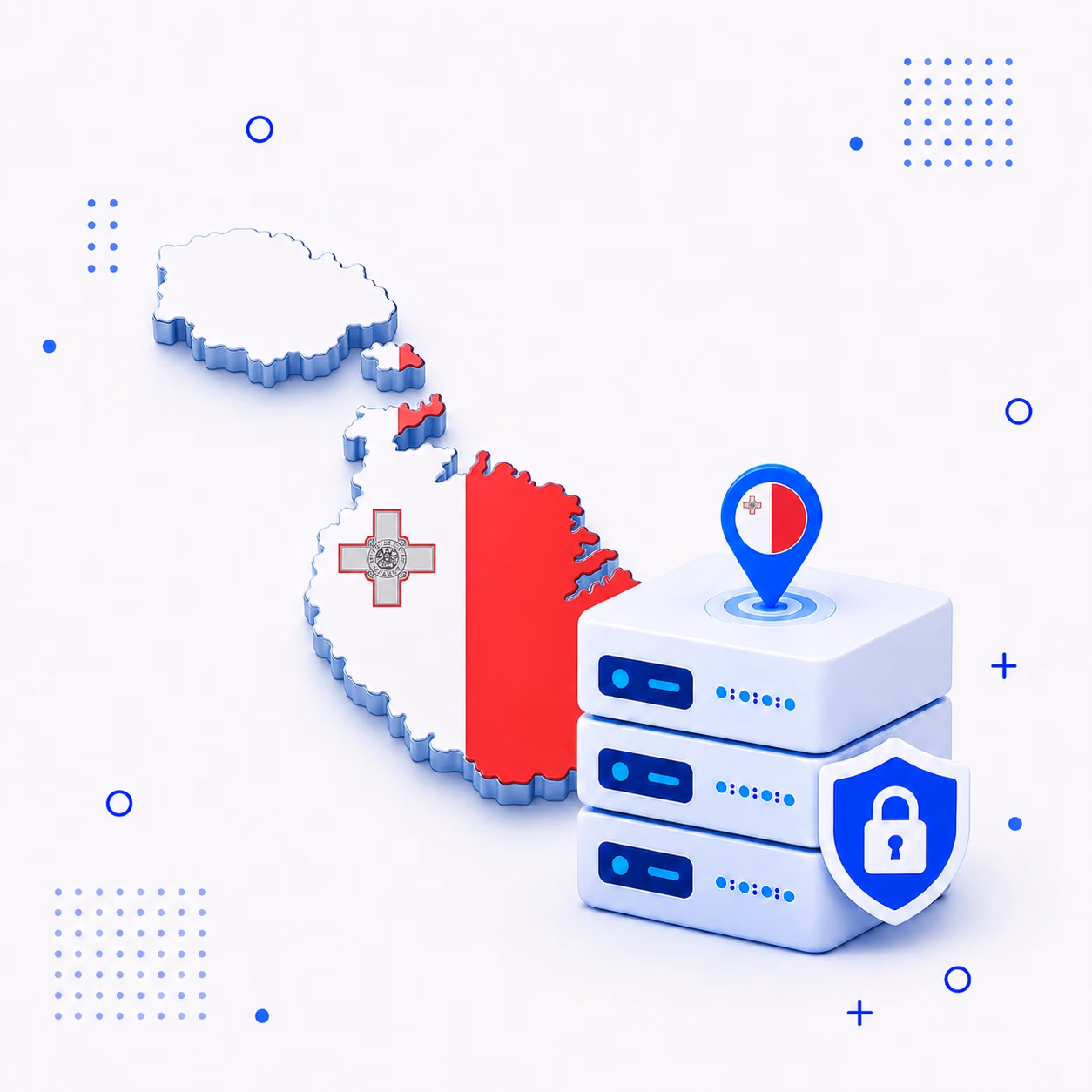 3D map of Malta in national flag colors beside secure VPN hardware and a shield
