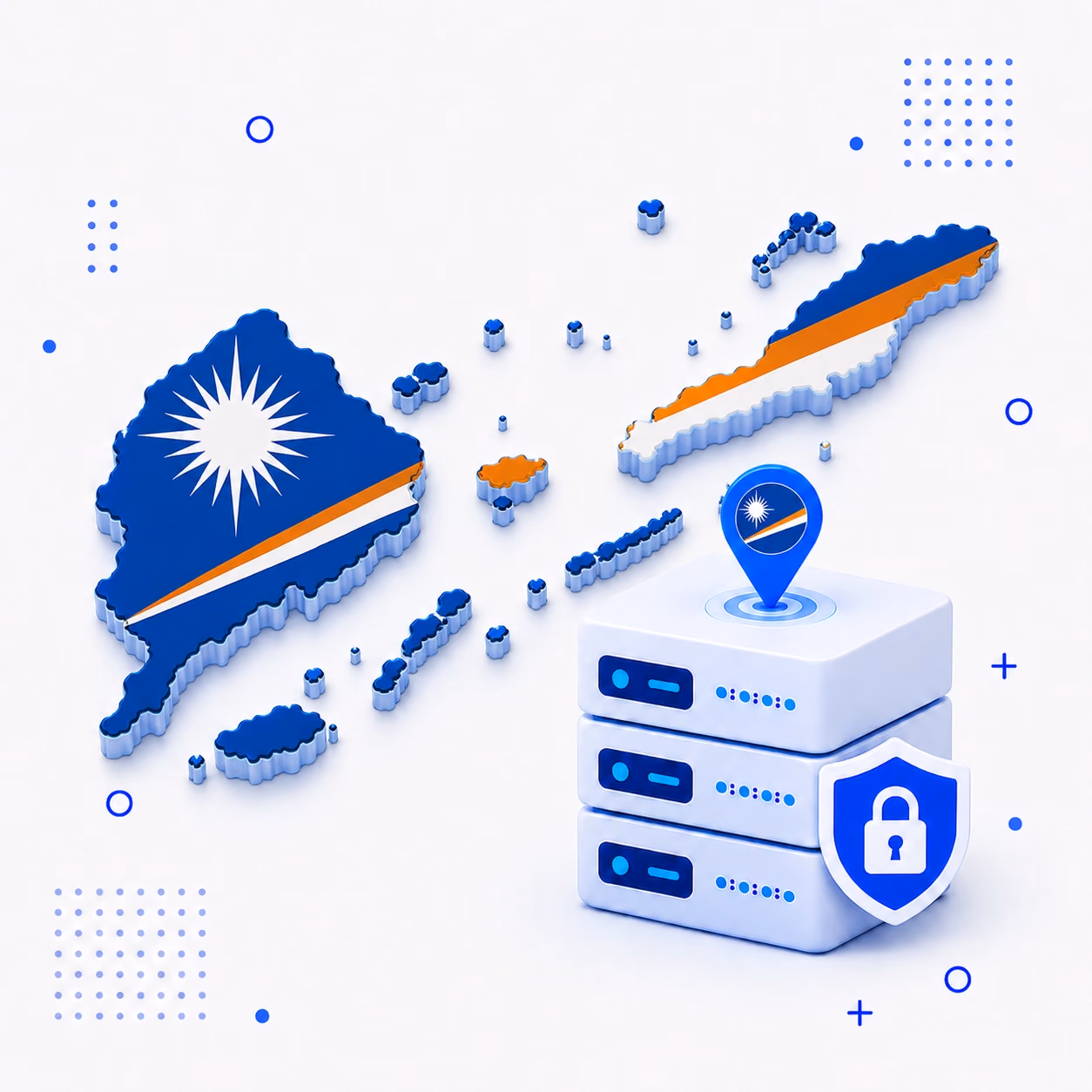 VPN for Marshall Islands 3D map of the Marshall Islands in national flag colors with encrypted VPN servers