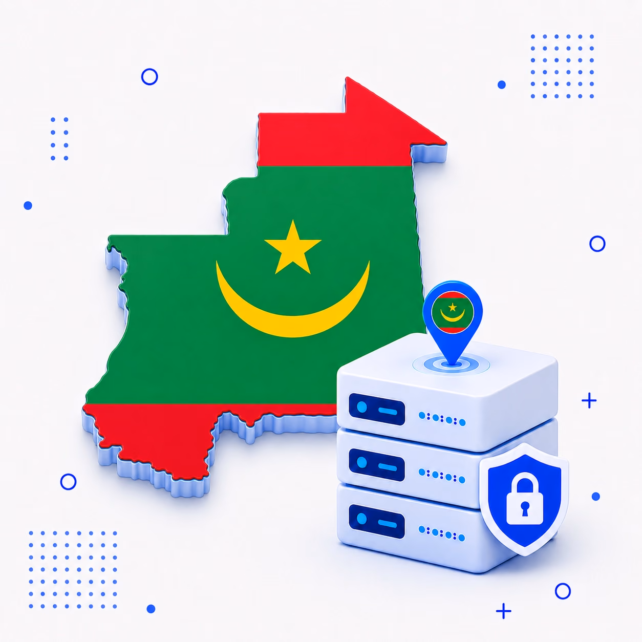 VPN for Mauritania 3D map of Mauritania in national flag colors beside protected VPN servers and a privacy shield