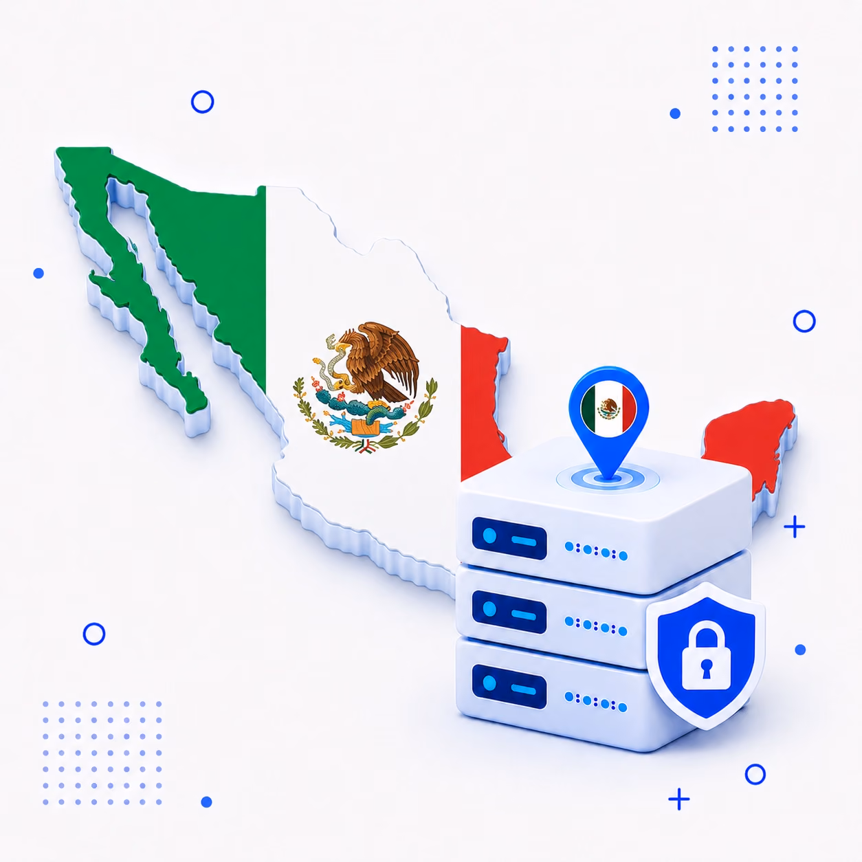 3D map of Mexico in national flag colors with secure VPN servers and a shield