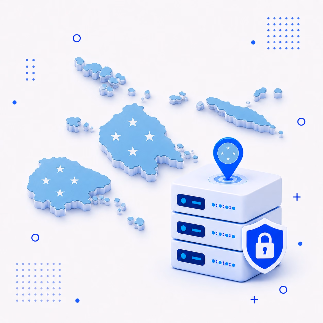 3D map of Micronesia in national flag colors beside protected VPN infrastructure