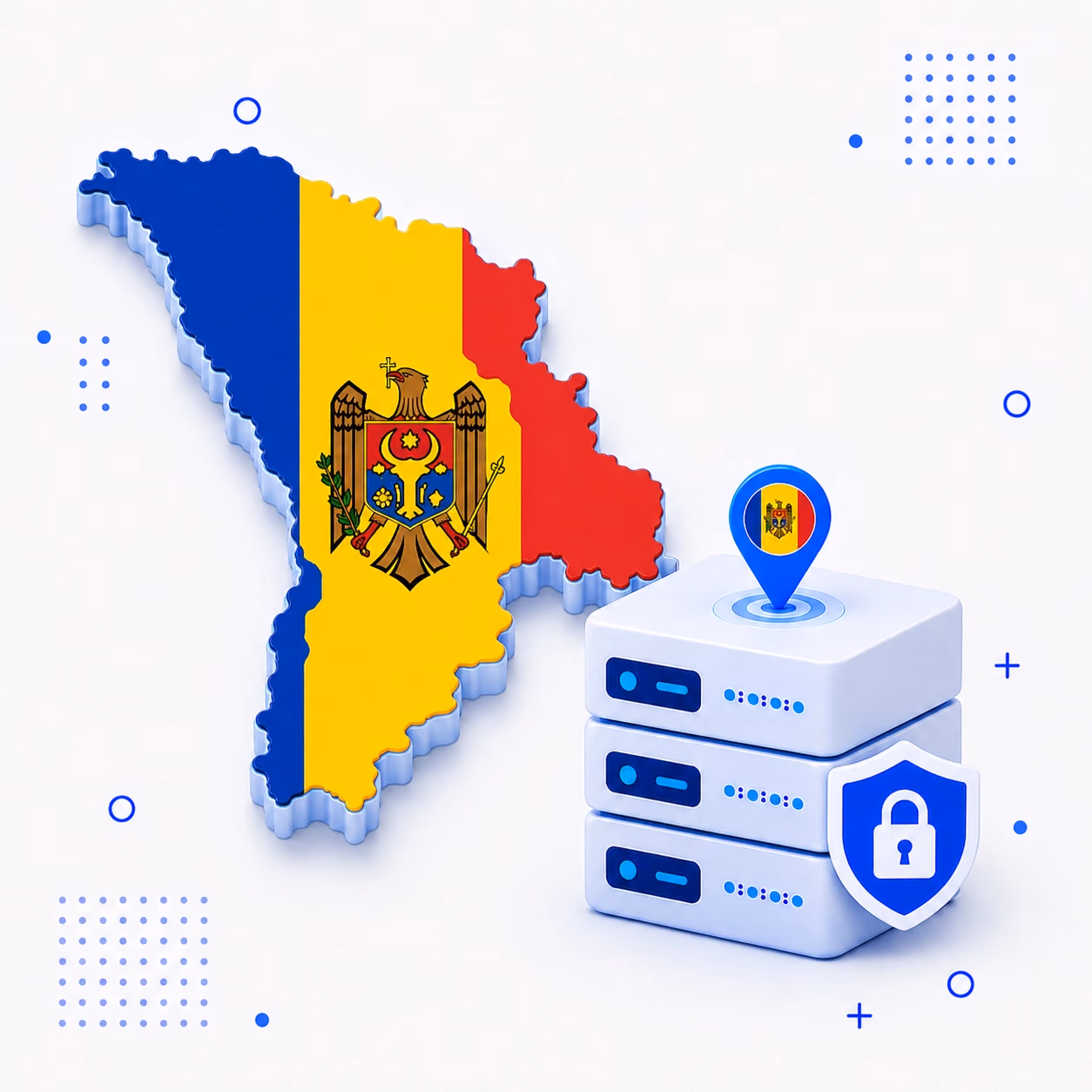 VPN for Moldova 3D map of Moldova in national flag colors with encrypted VPN servers