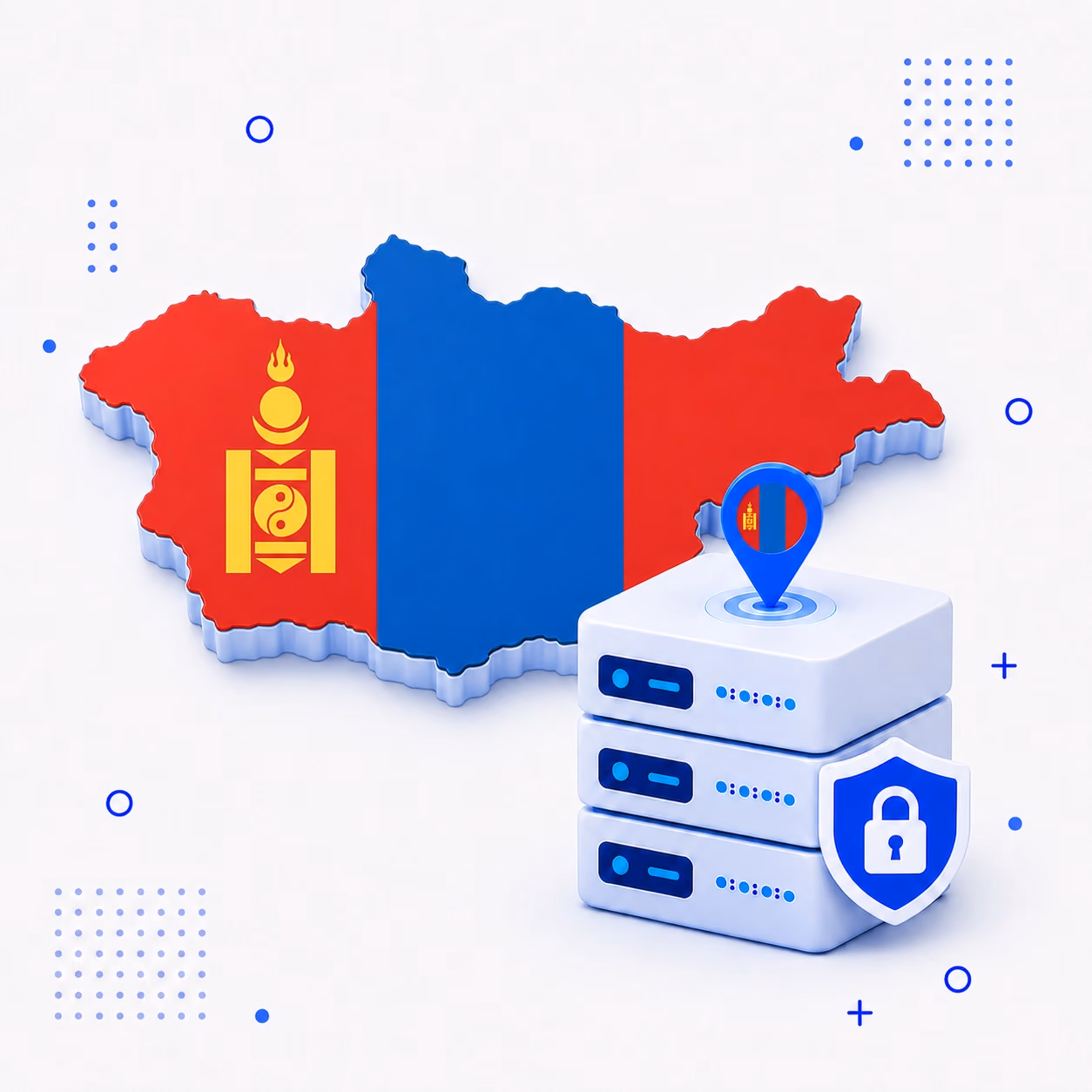 VPN for Mongolia 3D map of Mongolia in national flag colors beside encrypted VPN servers and a privacy shield