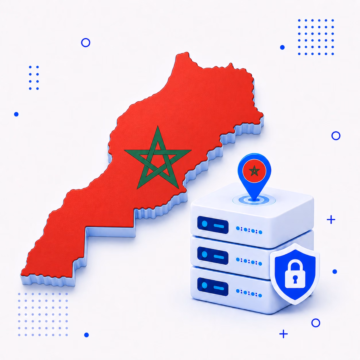3D map of Morocco in national flag colors beside protected VPN hardware and a shield