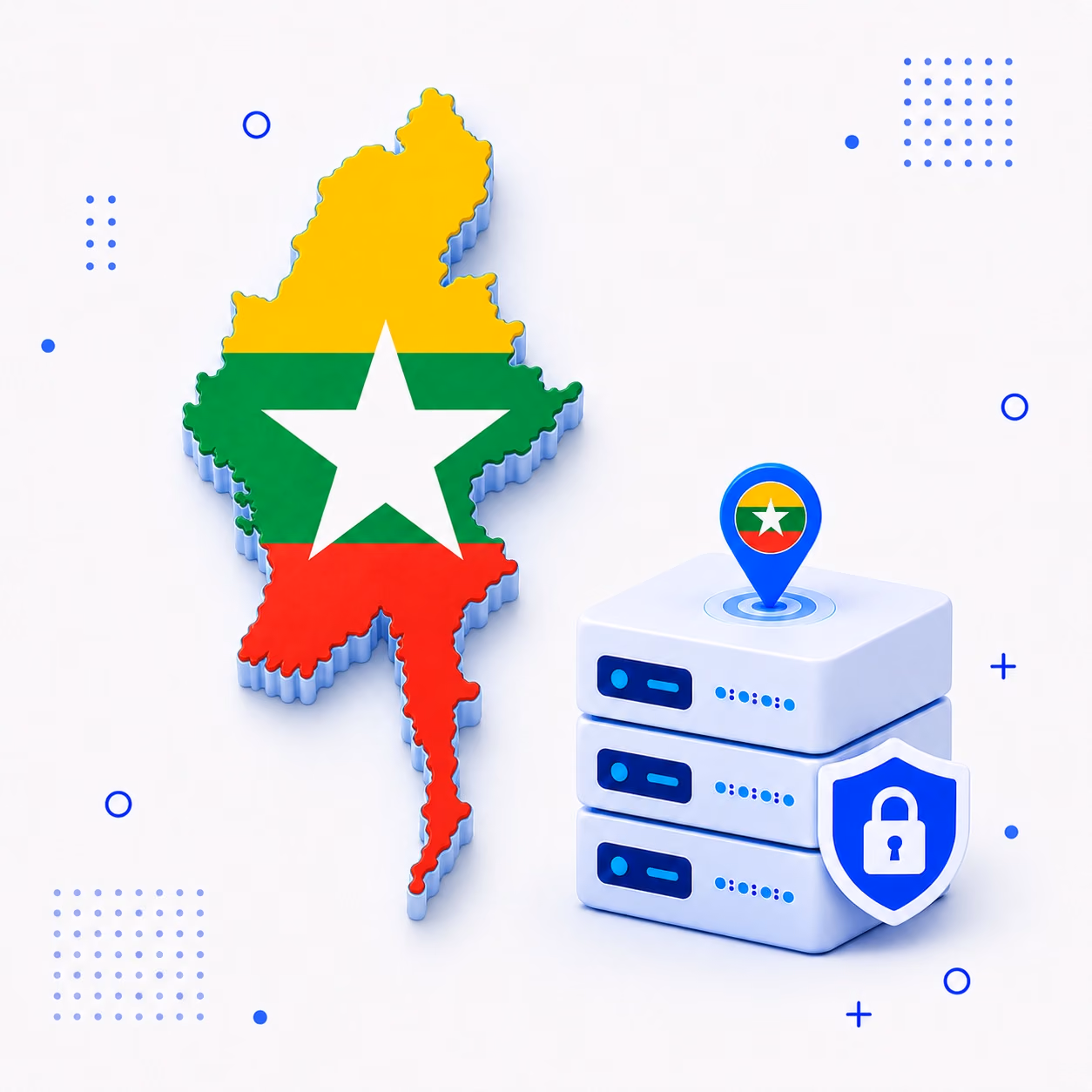3D map of Myanmar in national flag colors beside secure VPN servers
