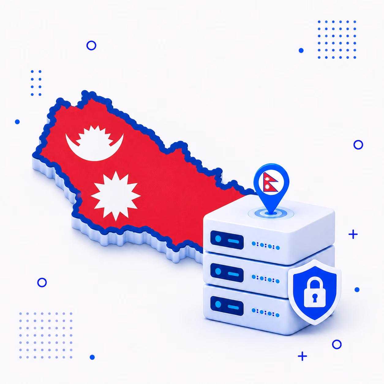 3D map of Nepal in national flag colors beside secure VPN hardware and a shield