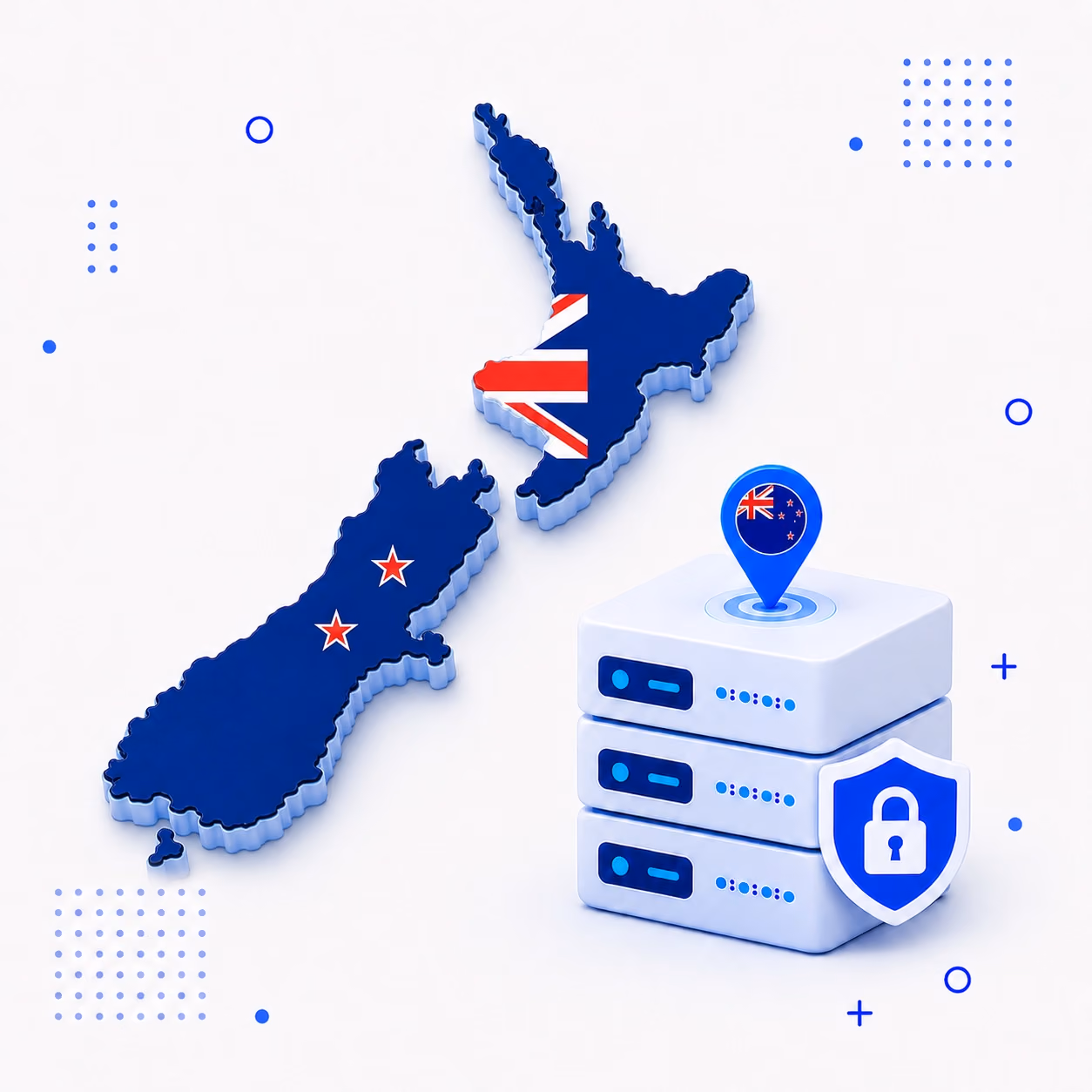 VPN for New Zealand 3D map of New Zealand in national flag colors beside protected VPN servers and a privacy shield