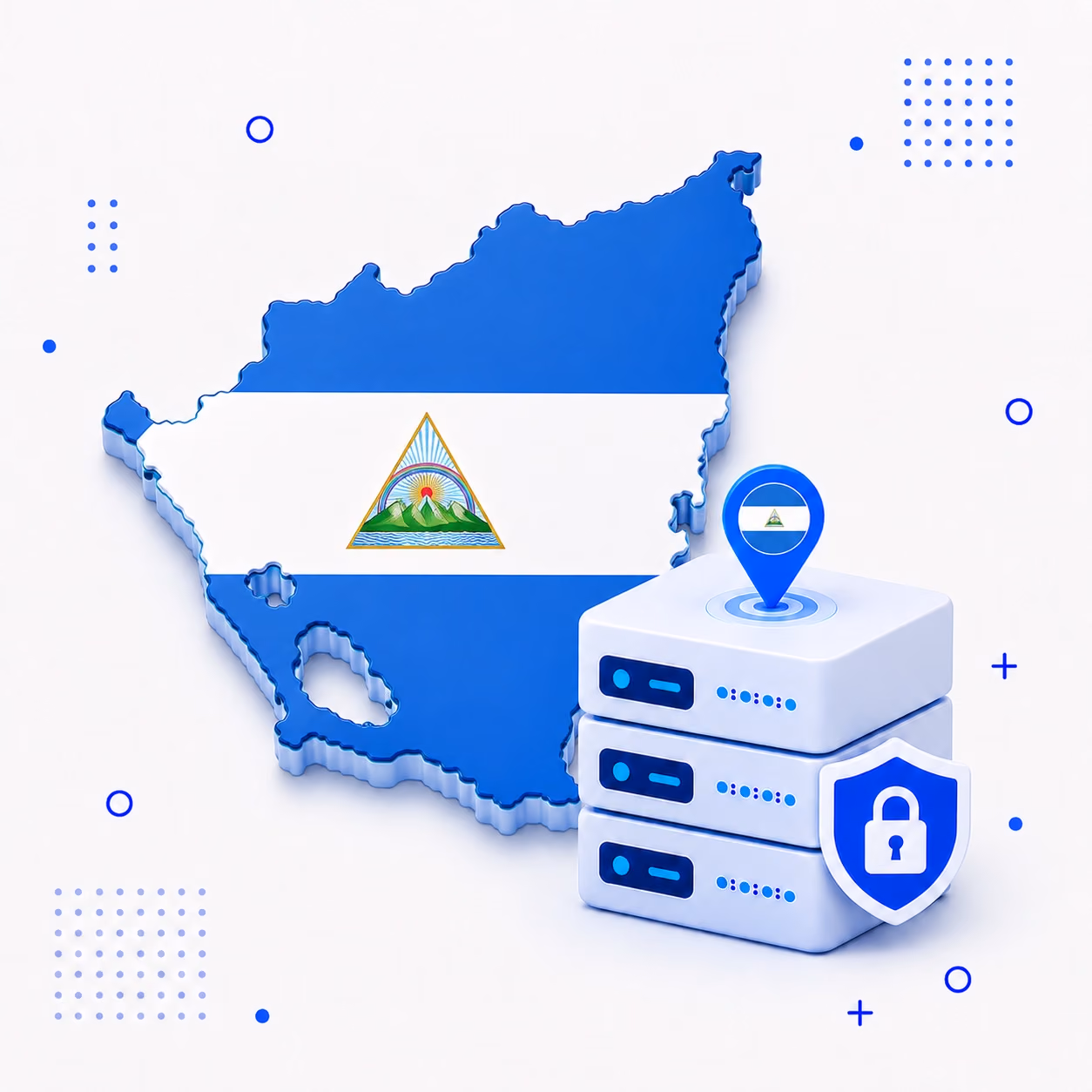 VPN for Nicaragua 3D map of Nicaragua in national flag colors beside encrypted VPN servers and a privacy shield