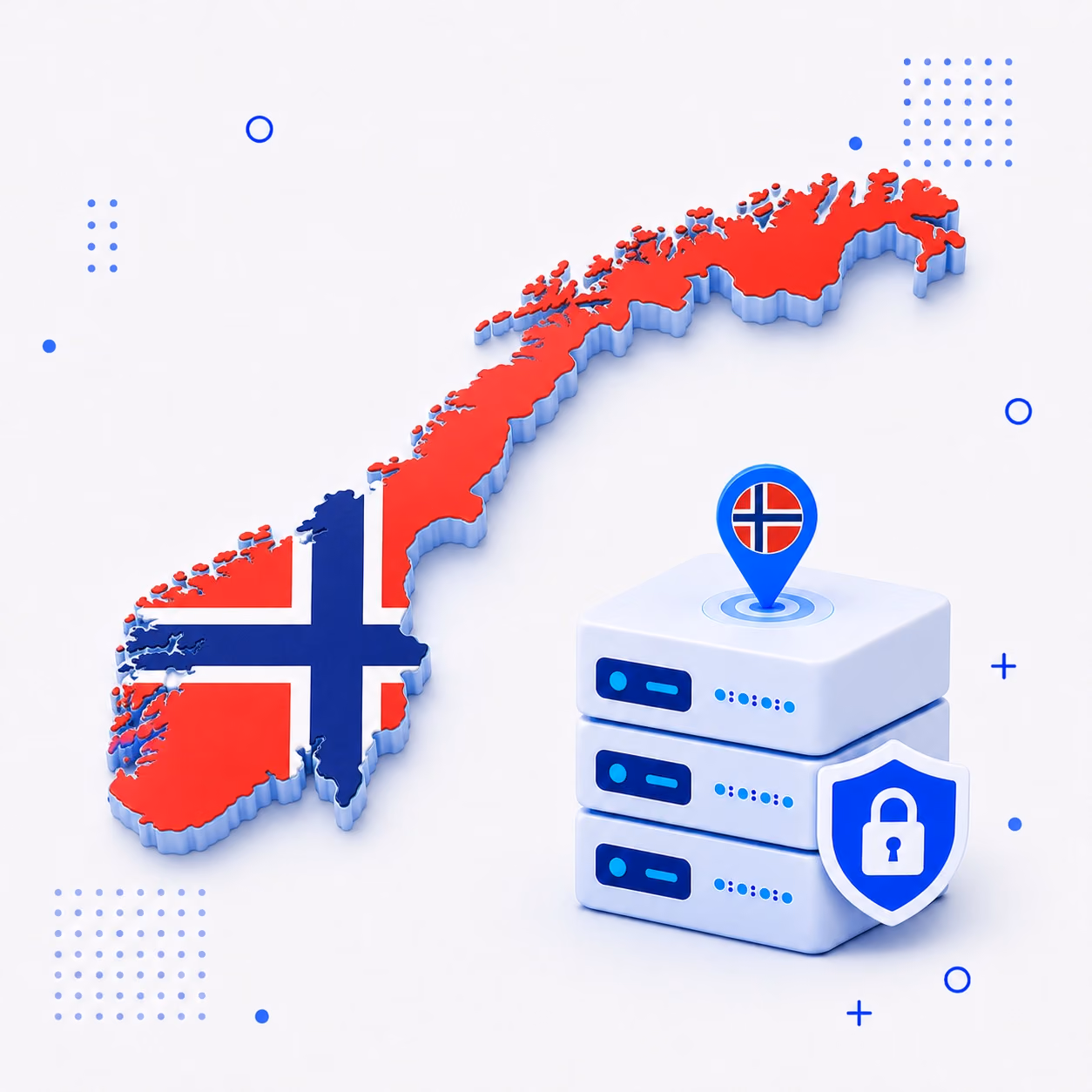 VPN for Norway 3D map of Norway in national flag colors beside encrypted VPN servers and a privacy shield