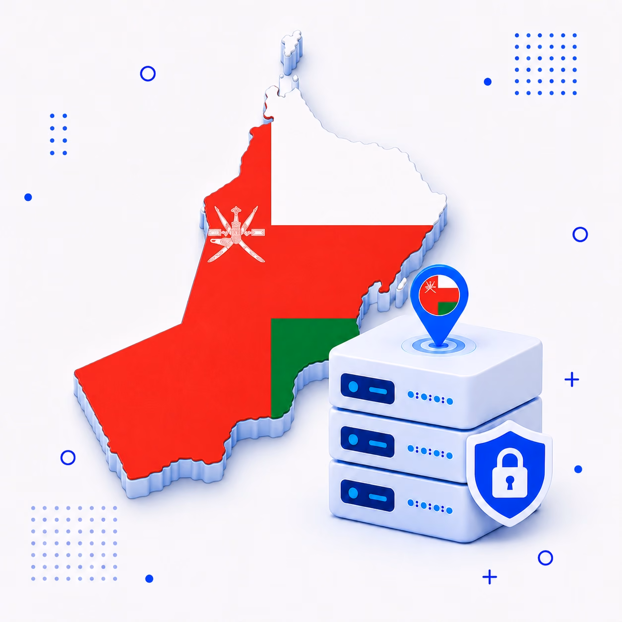 VPN for Oman 3D map of Oman in national flag colors with protected VPN servers