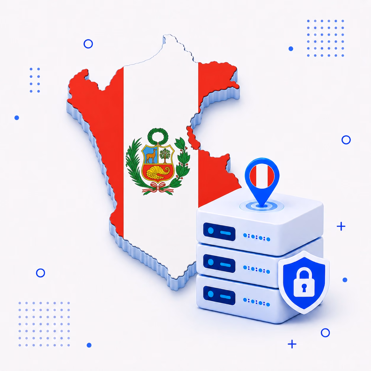 VPN for Peru 3D map of Peru in national flag colors with encrypted VPN servers and a privacy shield