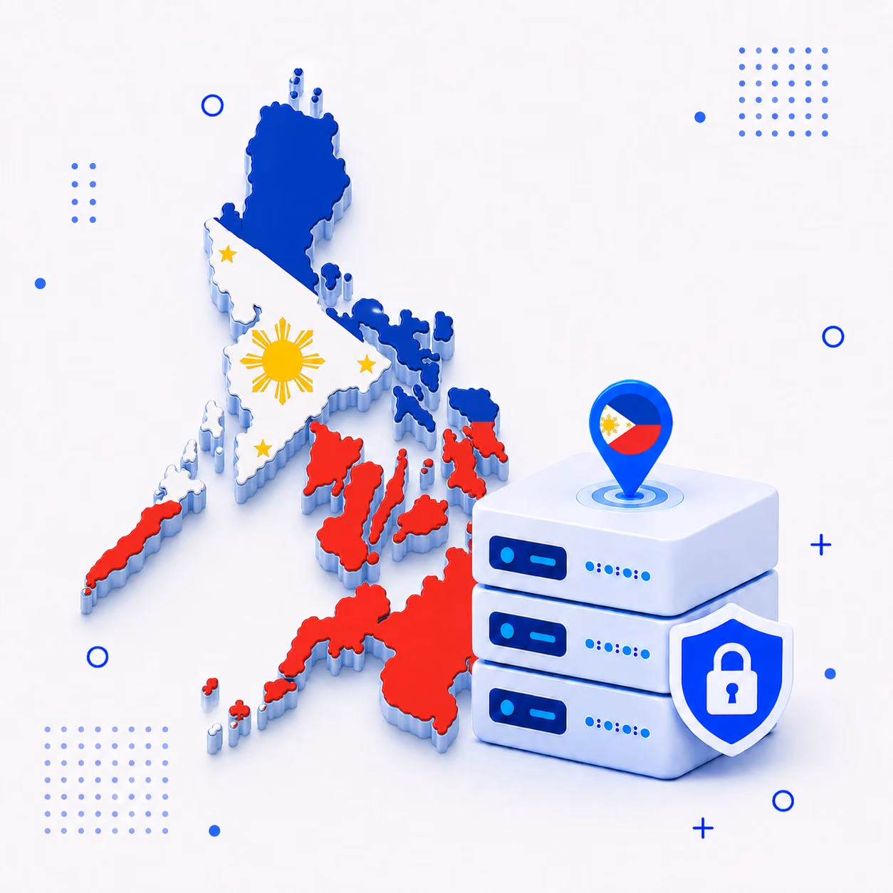 3D map of the Philippines in national flag colors beside protected VPN servers and a privacy shield