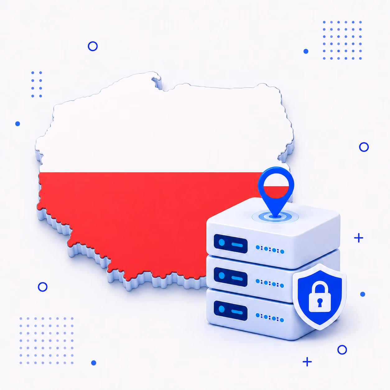 3D map of Poland in national flag colors beside encrypted VPN servers and a privacy shield