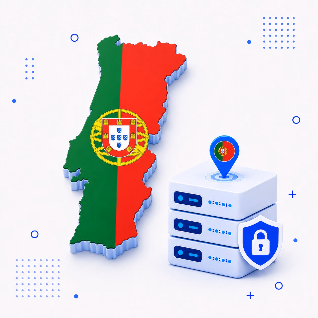 3D map of Portugal in national flag colors with protected VPN servers