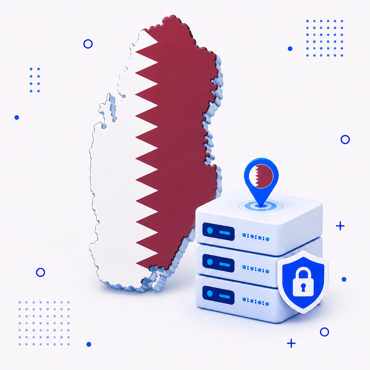 VPN for Qatar 3D map of Qatar in national flag colors beside secure VPN hardware and a shield