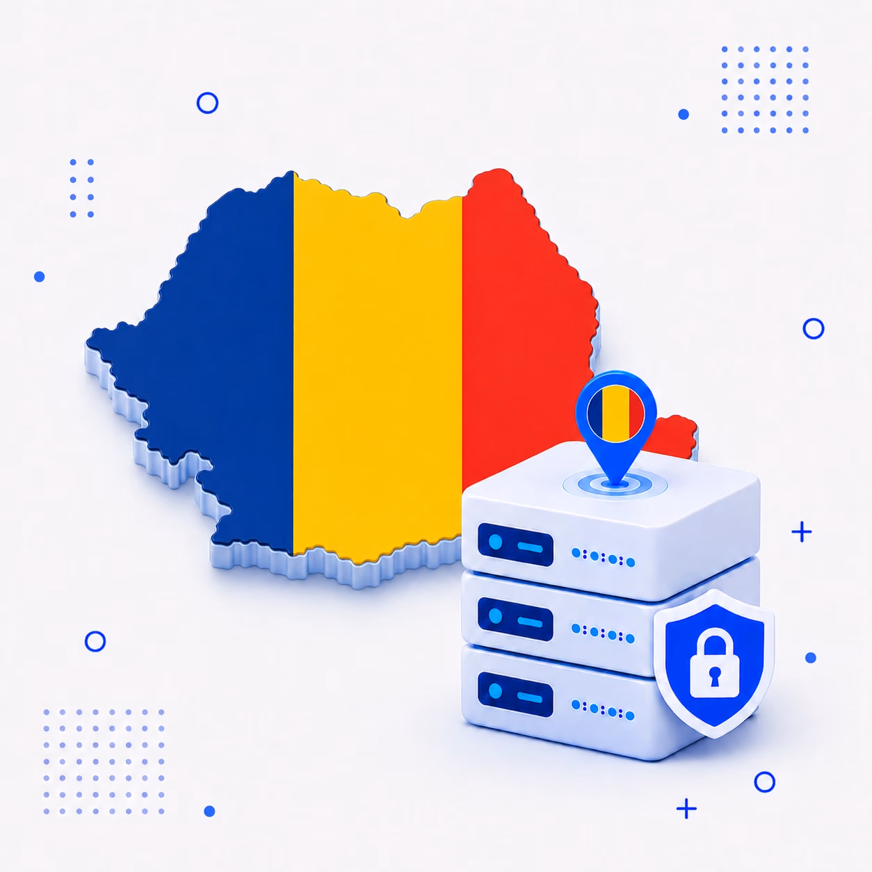 3D map of Romania in national flag colors with encrypted VPN servers and a privacy shield