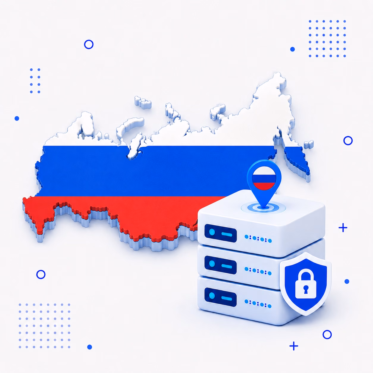 VPN for Russia 3D map of Russia in national flag colors beside protected VPN servers and a privacy shield