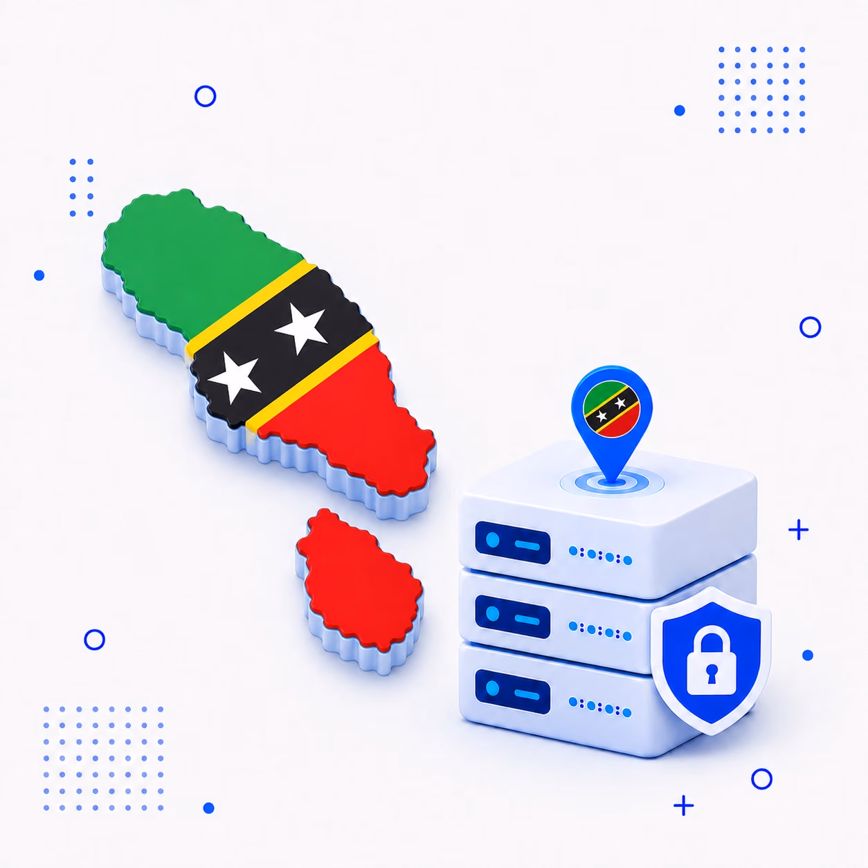 VPN for Saint Kitts and Nevis 3D map of Saint Kitts and Nevis in national flag colors with secure VPN servers and a shield
