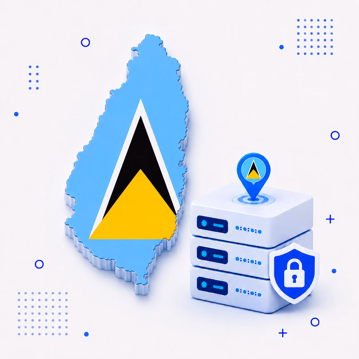 VPN for Saint Lucia 3D map of Saint Lucia in national flag colors beside protected VPN servers and a privacy shield