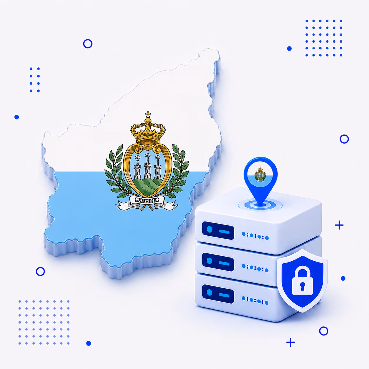 3D map of San Marino in national flag colors beside encrypted VPN servers and a privacy shield