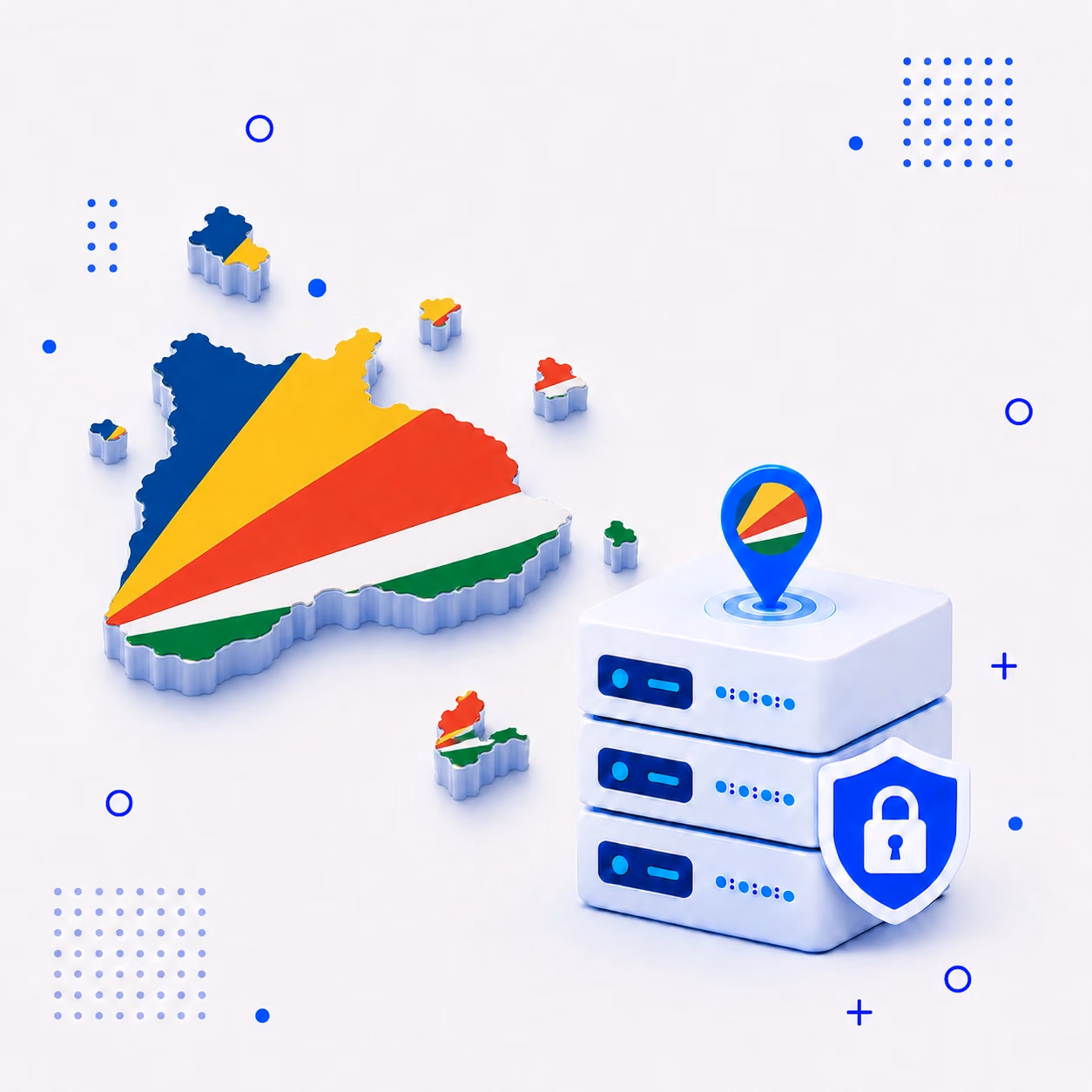 VPN for Seychelles 3D map of Seychelles in national flag colors beside encrypted VPN servers and a privacy shield