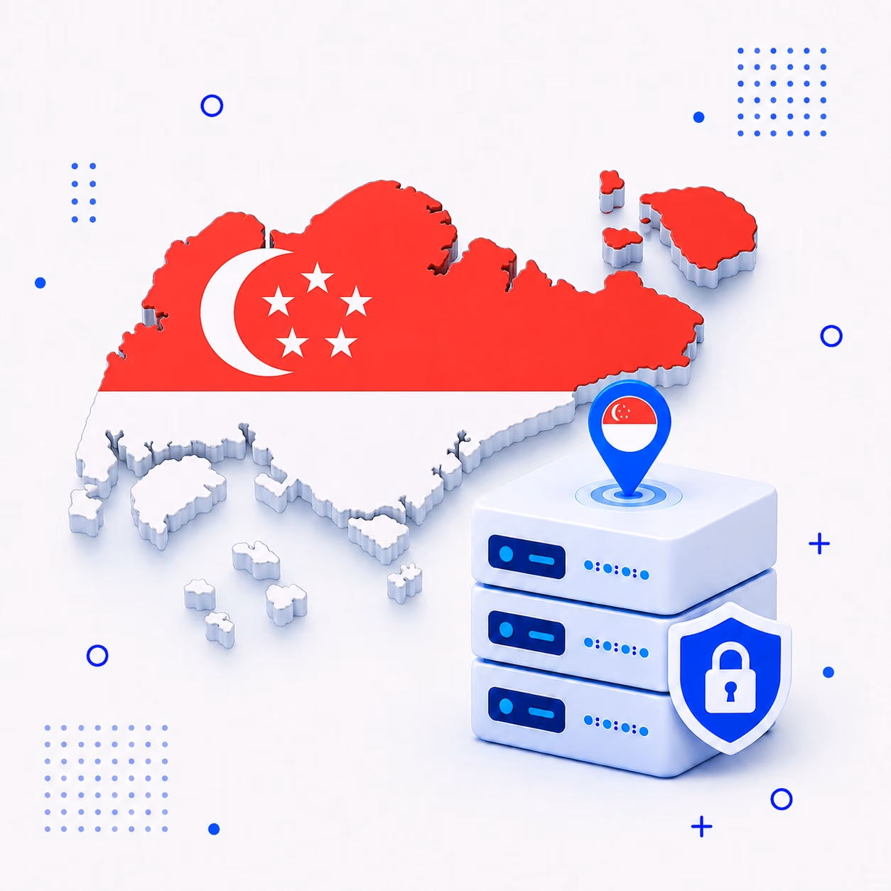 3D map of Singapore in national flag colors beside secure VPN servers and a privacy shield