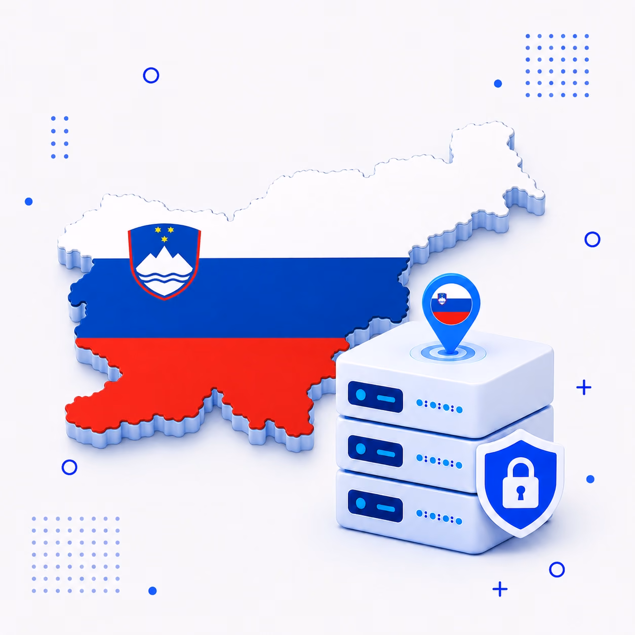 3D map of Slovenia in national flag colors beside protected VPN servers and a privacy shield