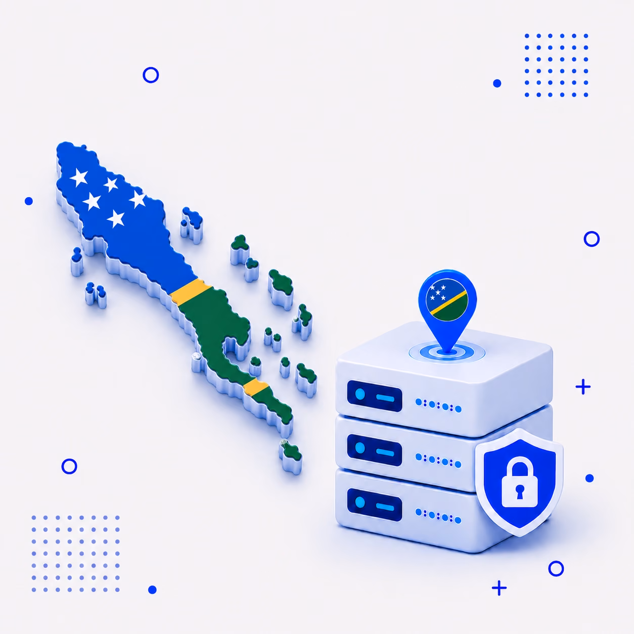 3D map of Solomon Islands in national flag colors beside encrypted VPN servers and a privacy shield