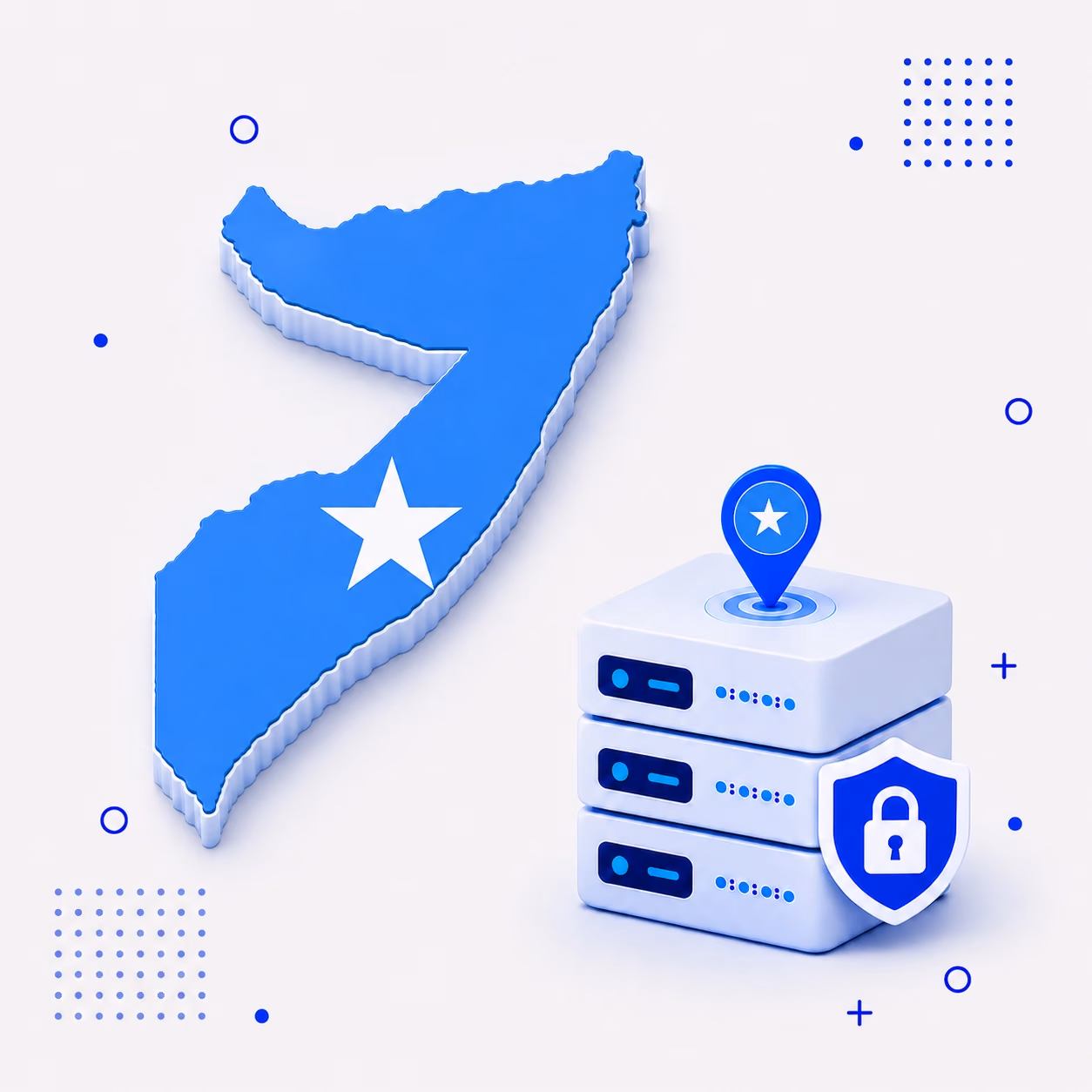3D map of Somalia in national flag colors with protected VPN servers and a privacy shield