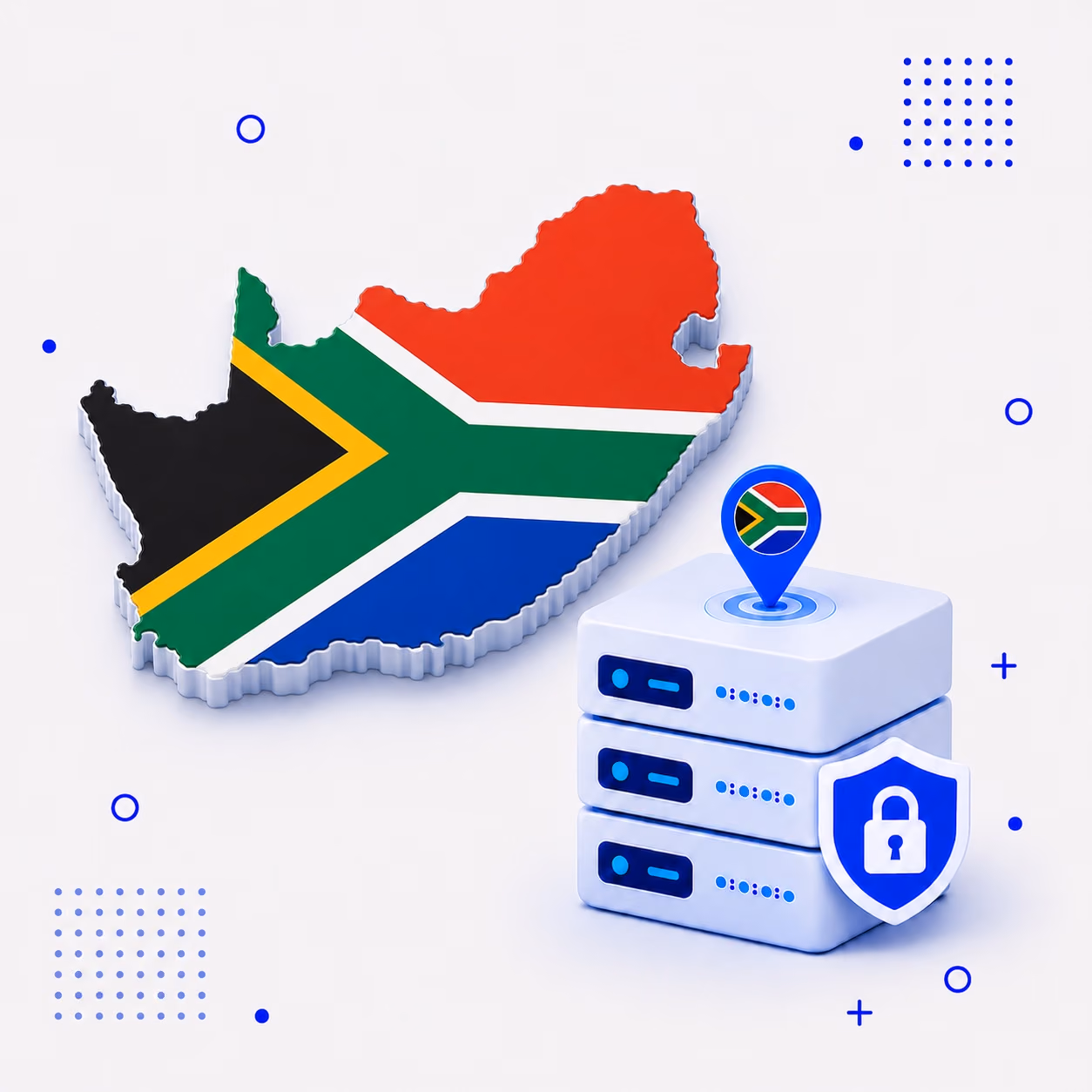 VPN for South Africa 3D map of South Africa in national flag colors beside secure VPN servers and a privacy shield