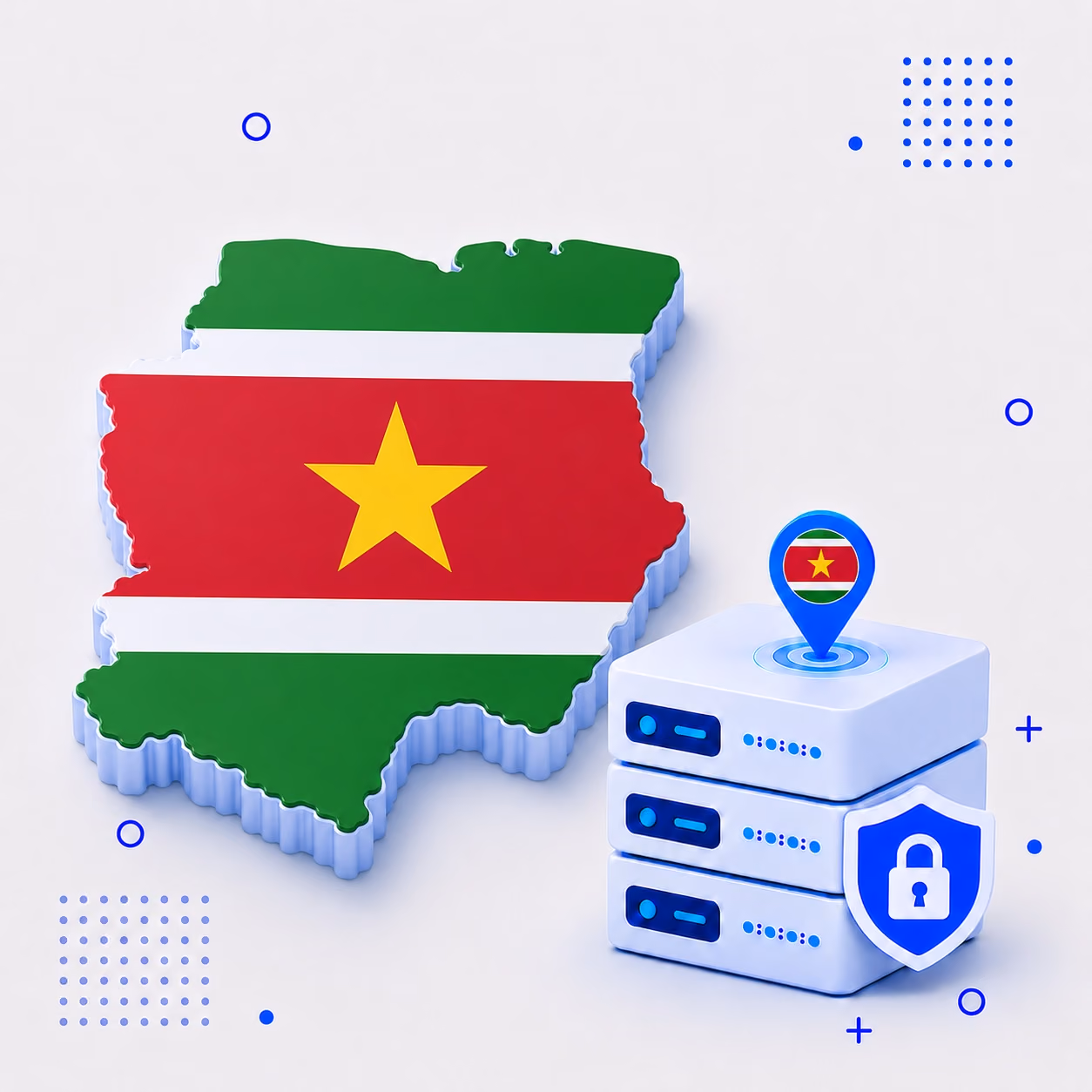 VPN for Suriname 3D map of Suriname in national flag colors with encrypted VPN servers and a privacy shield