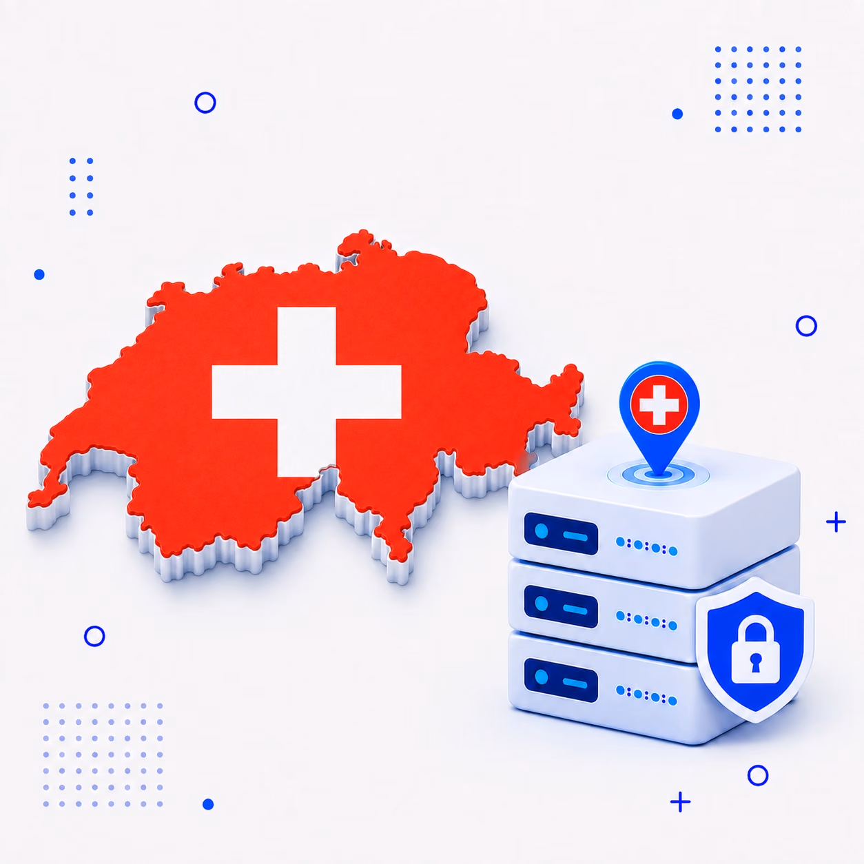 VPN for Switzerland 3D map of Switzerland in national flag colors beside encrypted VPN servers and a privacy shield