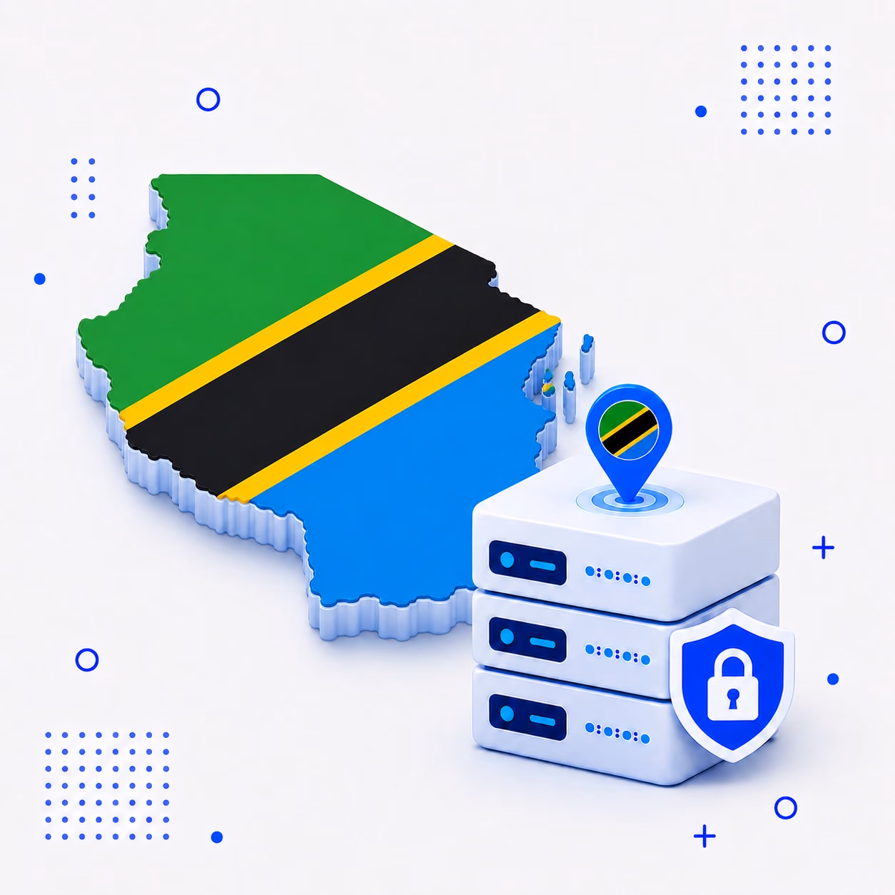 VPN for Tanzania 3D map of Tanzania in national flag colors beside protected VPN servers and a privacy shield