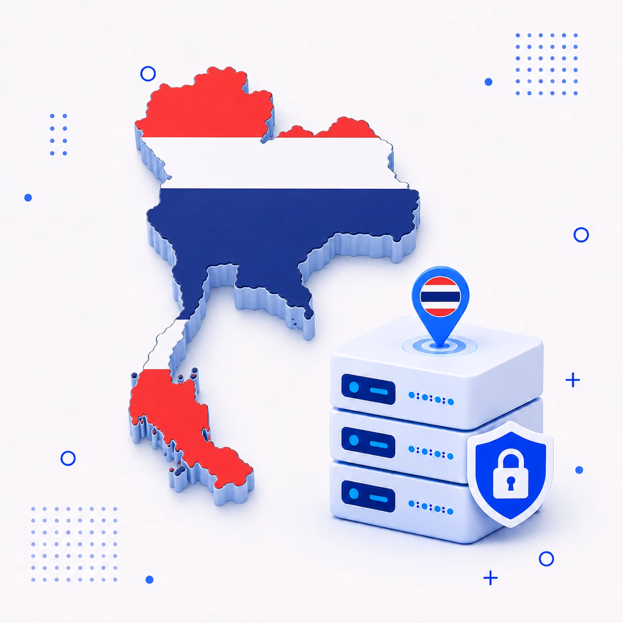 VPN for Thailand 3D map of Thailand in national flag colors beside encrypted VPN servers and a privacy shield