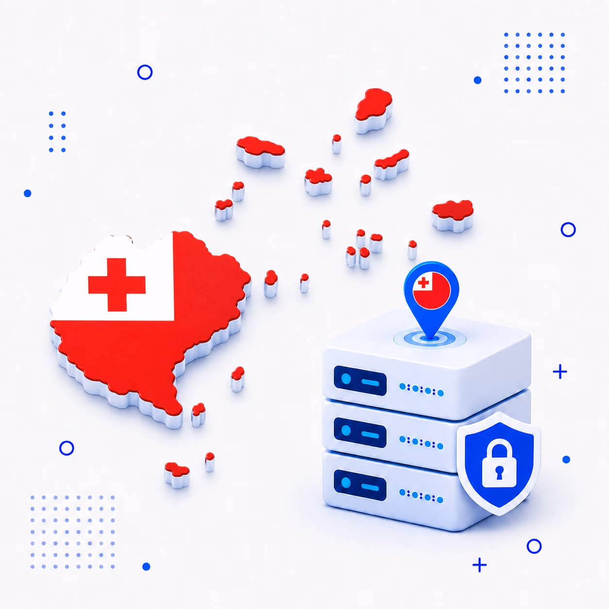 VPN for Tonga 3D map of Tonga in national flag colors with encrypted VPN servers and a privacy shield