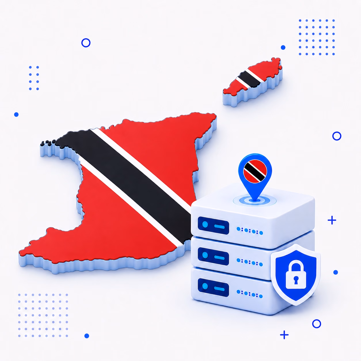 VPN for Trinidad and Tobago 3D map of Trinidad and Tobago in national flag colors beside secure VPN servers and a privacy shield