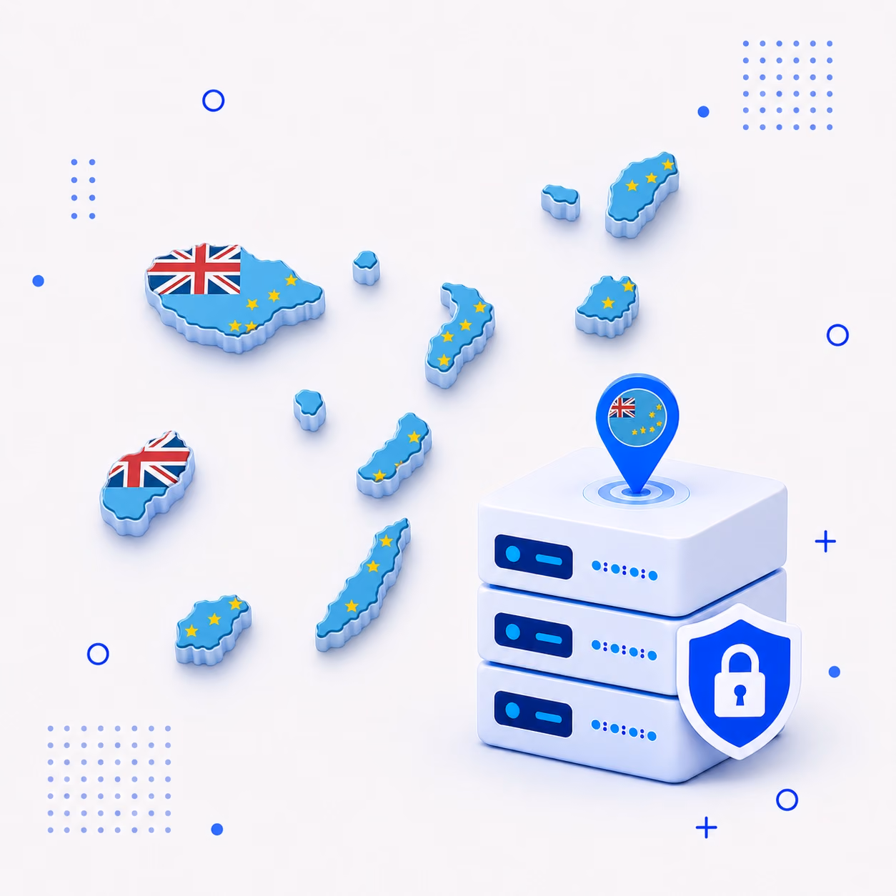 VPN for Tuvalu 3D map of Tuvalu in national flag colors with encrypted VPN servers and a privacy shield