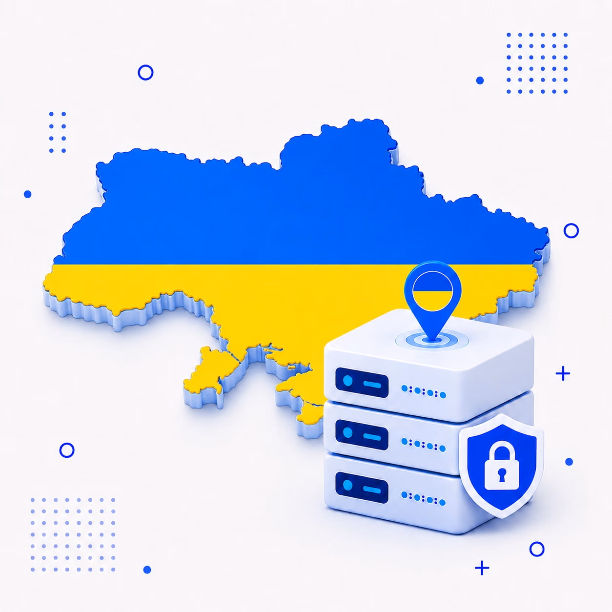 VPN for Ukraine 3D map of Ukraine in national flag colors beside encrypted VPN servers and a privacy shield