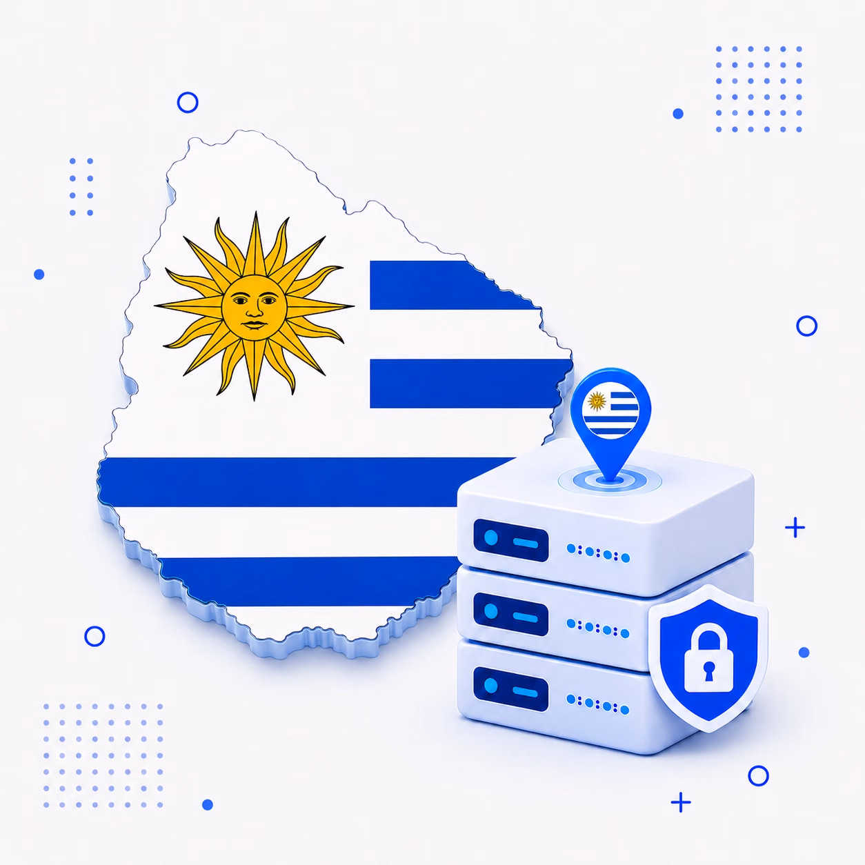 3D map of Uruguay in national flag colors with encrypted VPN servers and a privacy shield