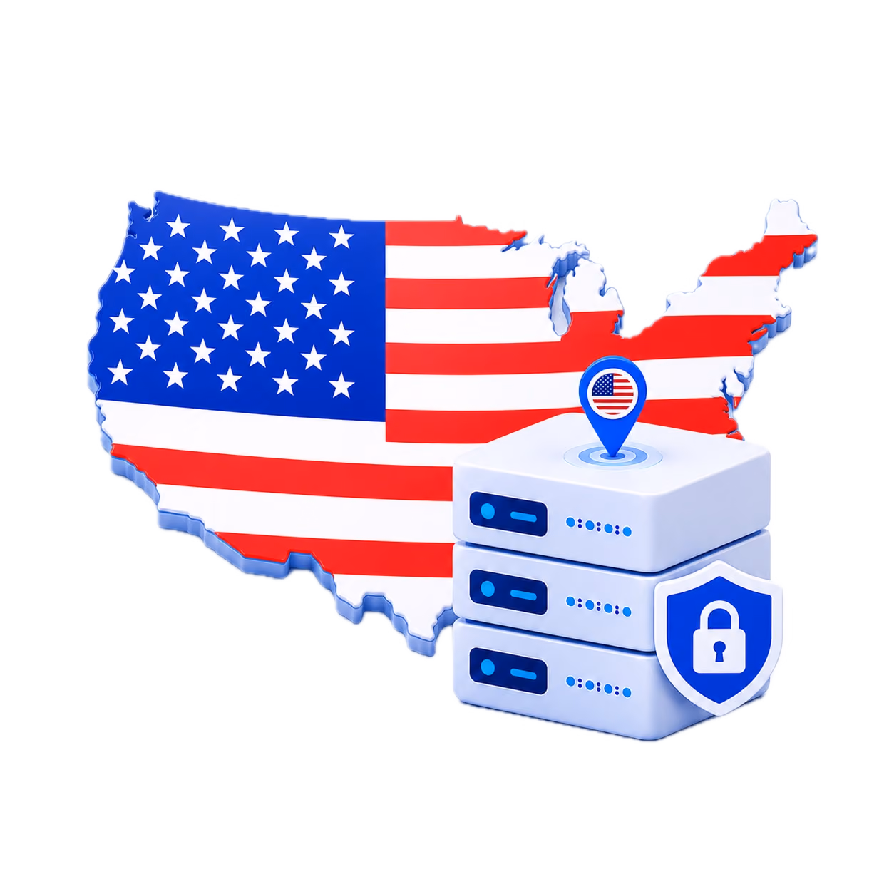 3D illustration of the map and flag of USA beside secure VPN servers and a privacy shield