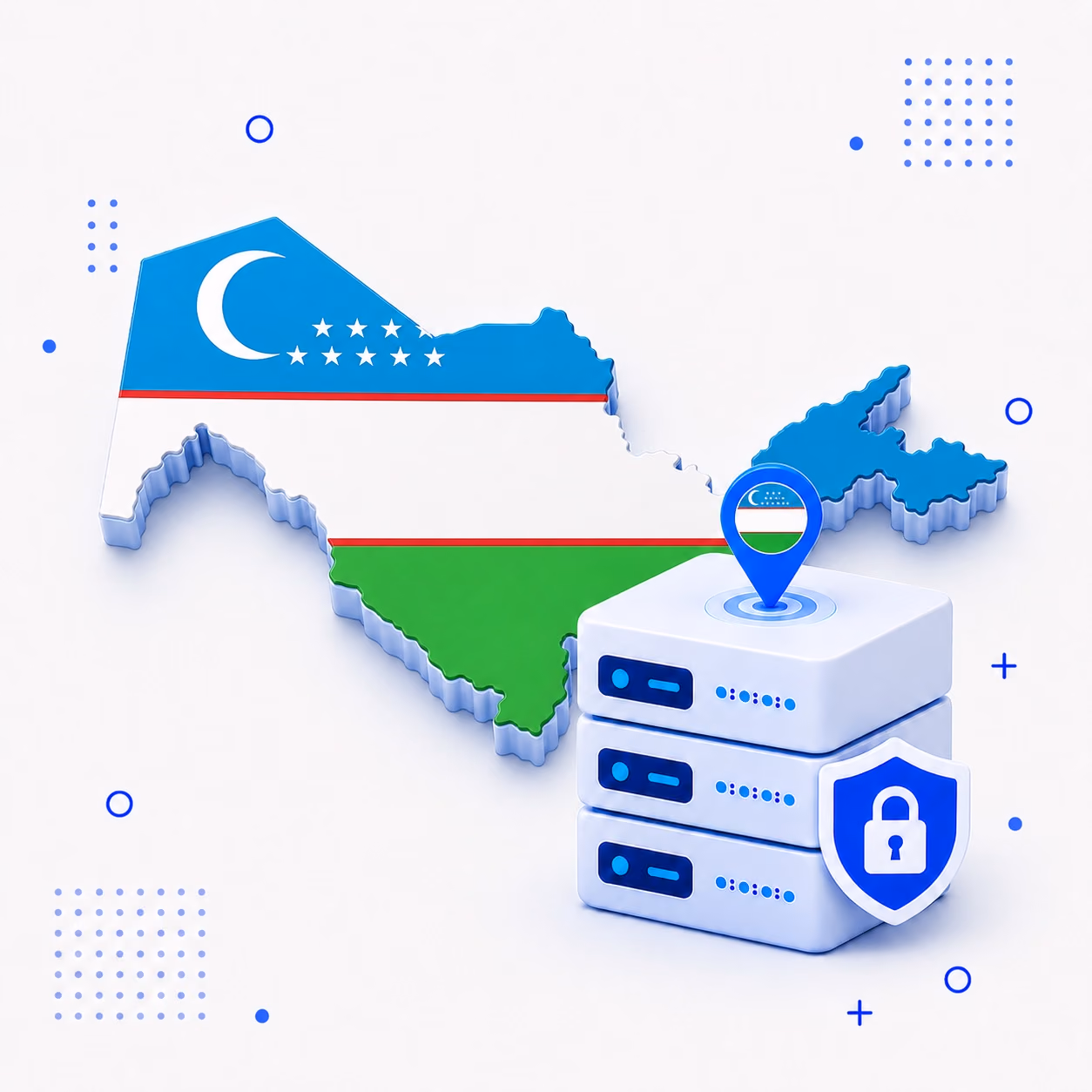 VPN for Uzbekistan 3D map of Uzbekistan in national flag colors beside secure VPN servers and a privacy shield