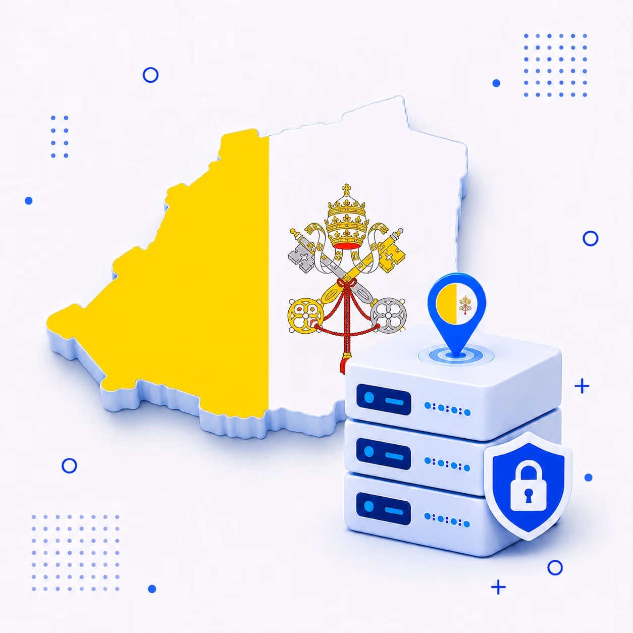 VPN for Vatican City 3D map of Vatican City in national flag colors with secure VPN servers and a privacy shield