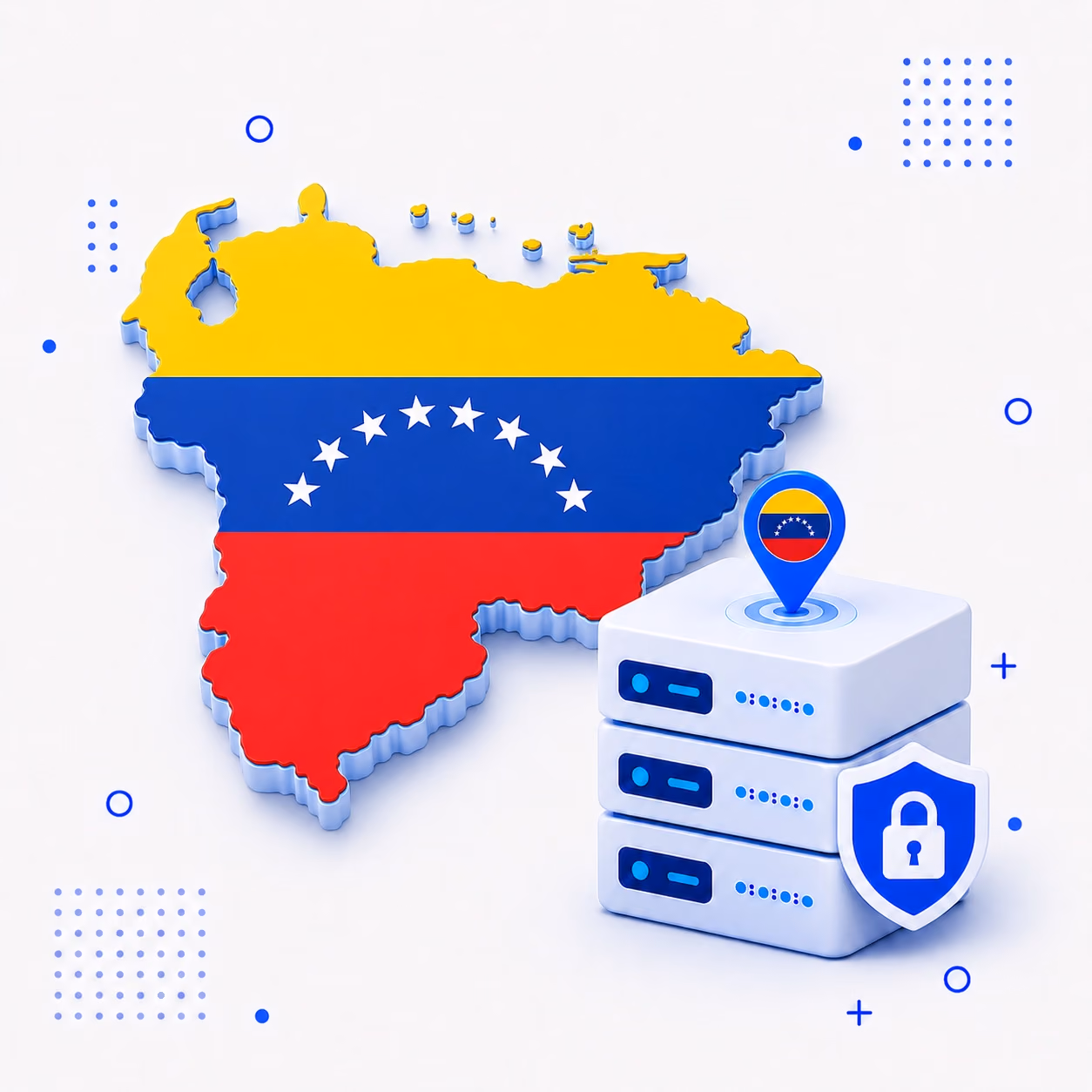 3D map of Venezuela in national flag colors beside protected VPN servers and a privacy shield