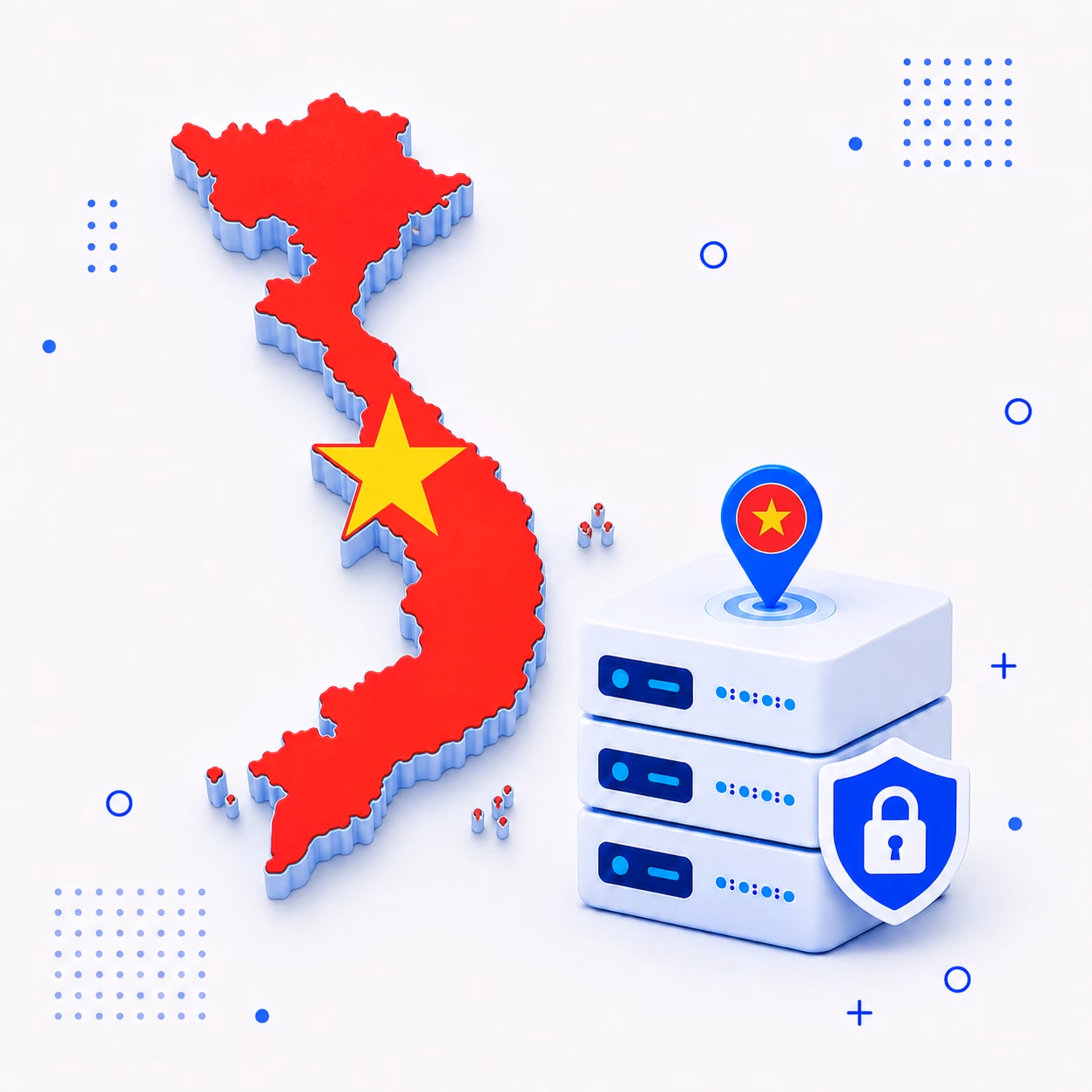 3D map of Vietnam in national flag colors with encrypted VPN servers and a privacy shield