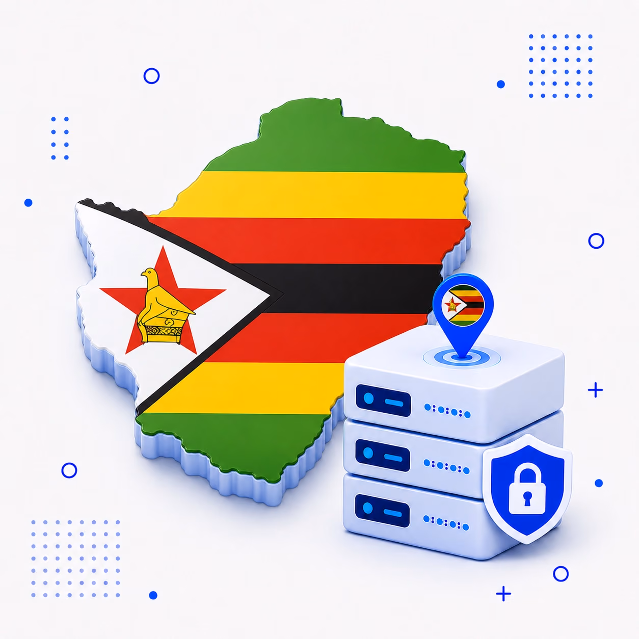 3D map of Zimbabwe in national flag colors with encrypted VPN servers and a privacy shield